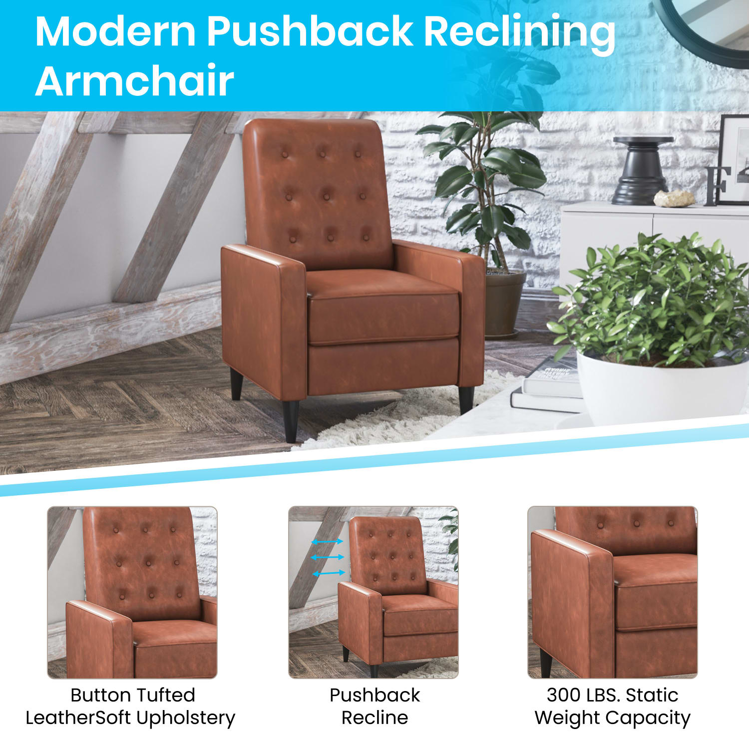 Flash Furniture Ezra Upholstered Button-Tufted Push-Back Recliner, Cognac Brown - Image 5