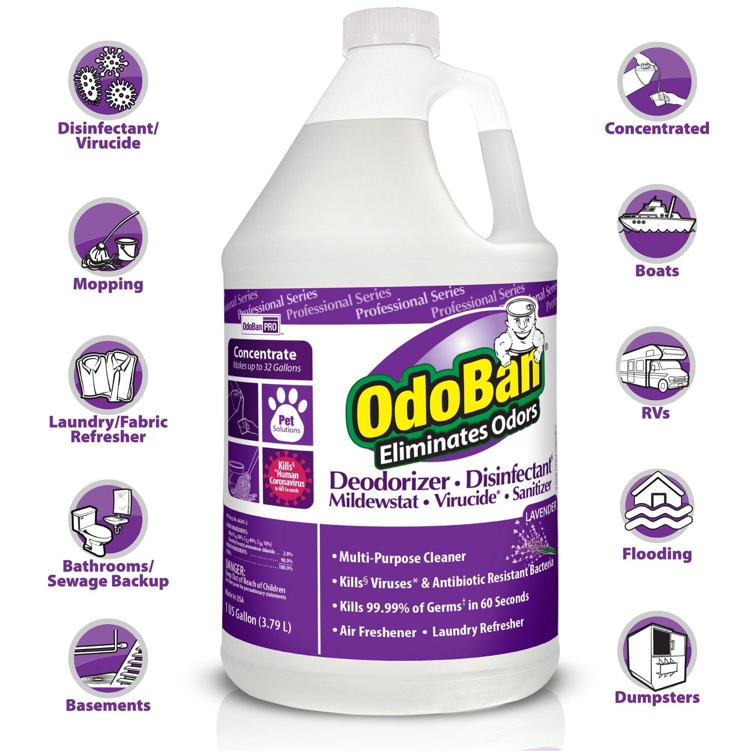 OdoBan Professional Disinfectant And Odor Eliminator Concentrate, Lavender Scent, 1 Gallon, Pack Of 2 Jugs - Image 3