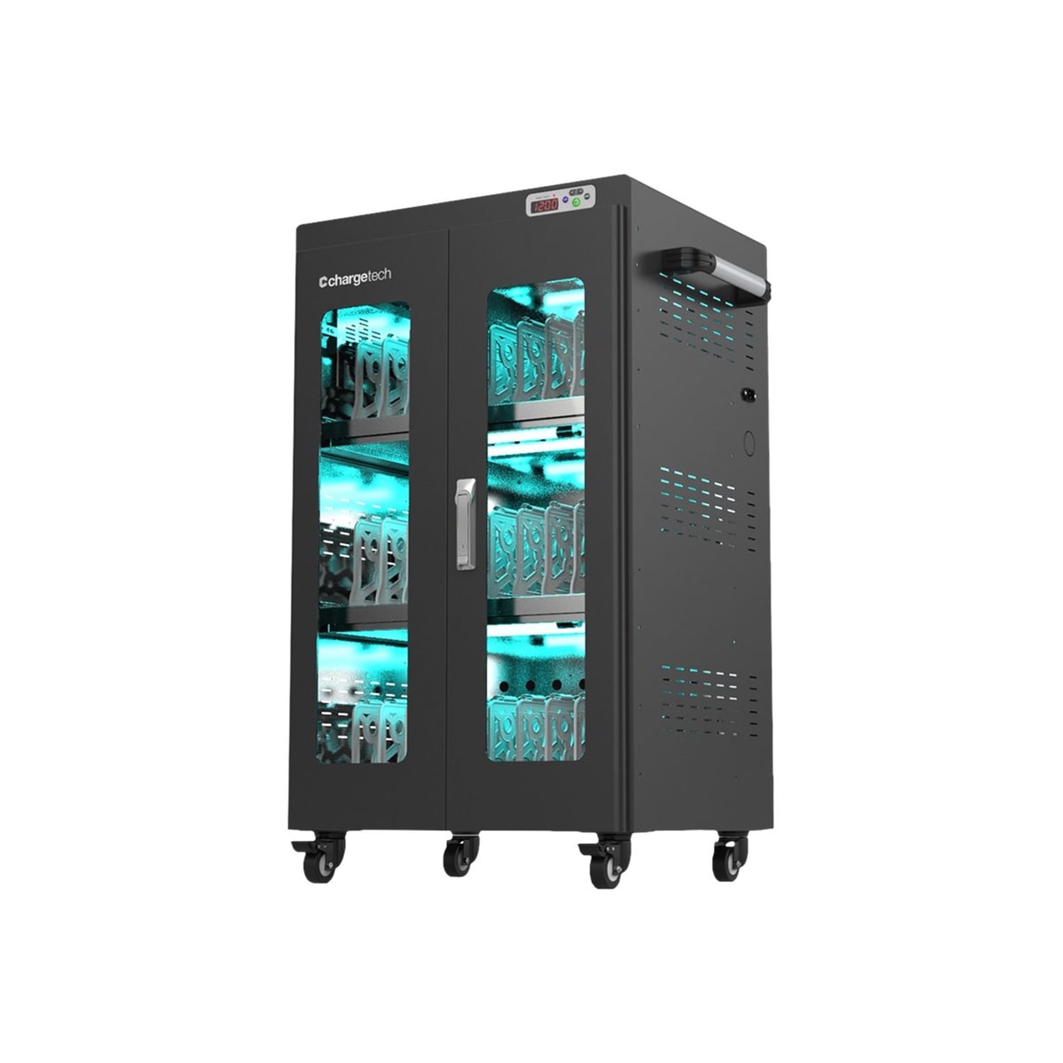 ChargeTech Metal UV Clean And Change Cart, 30-Bay, 55inH x 26inW x 22inD, Silver/Black - Image 4