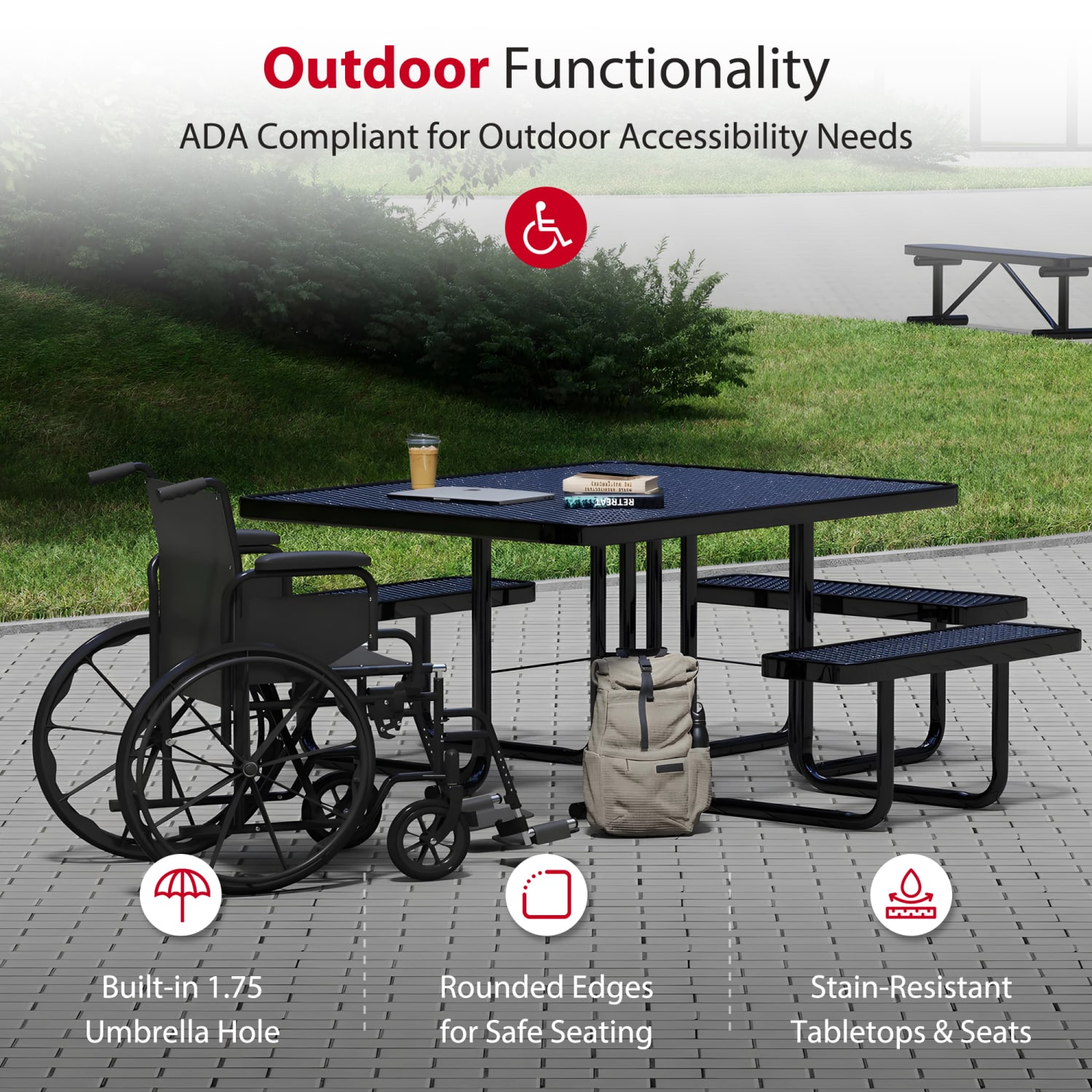 Leisure Craft Square ADA Outdoor Picnic Table, 29-1/4inH x 75inW x 80inD, Black - Image 4
