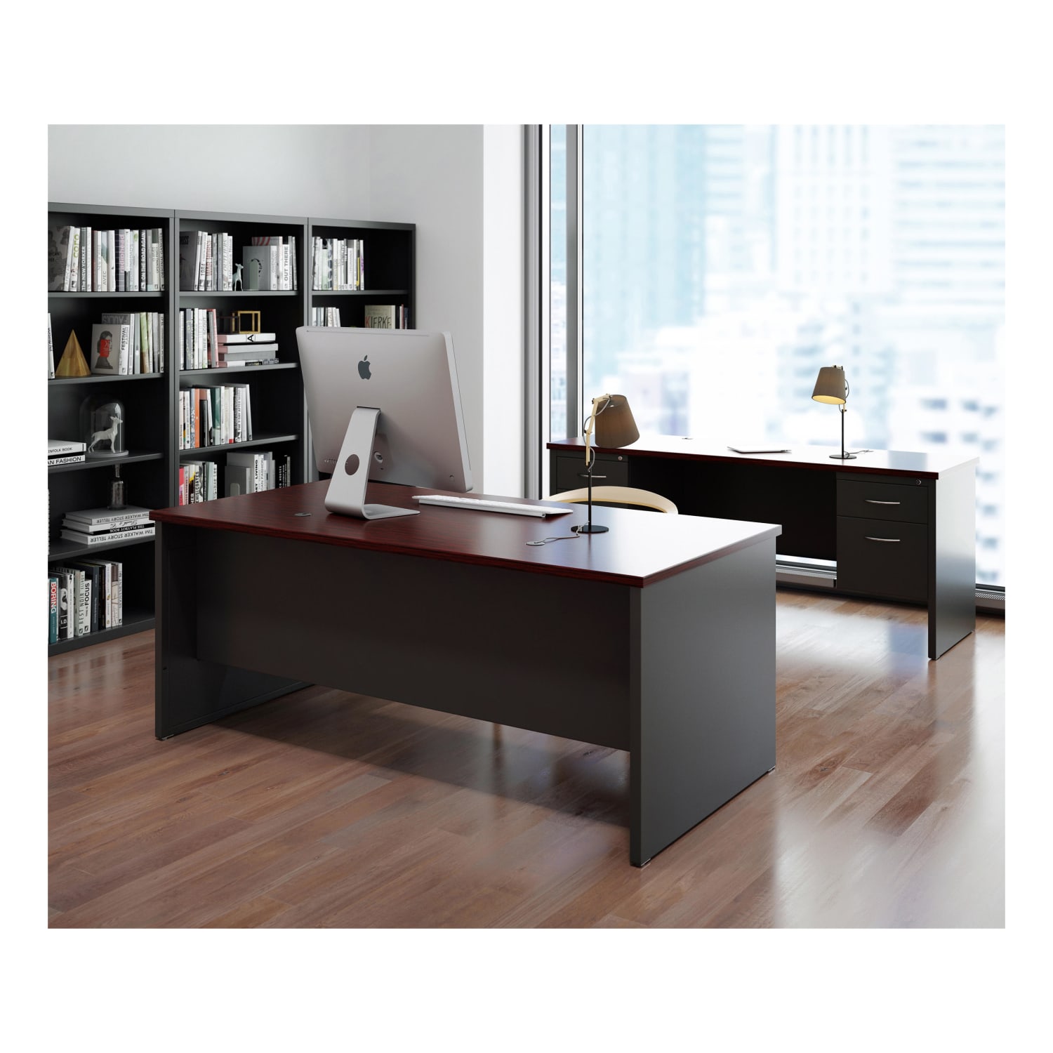 WorkPro Modular 72inW x 24inD Double-Pedestal Computer Desk, Charcoal/Mahogany - Image 5