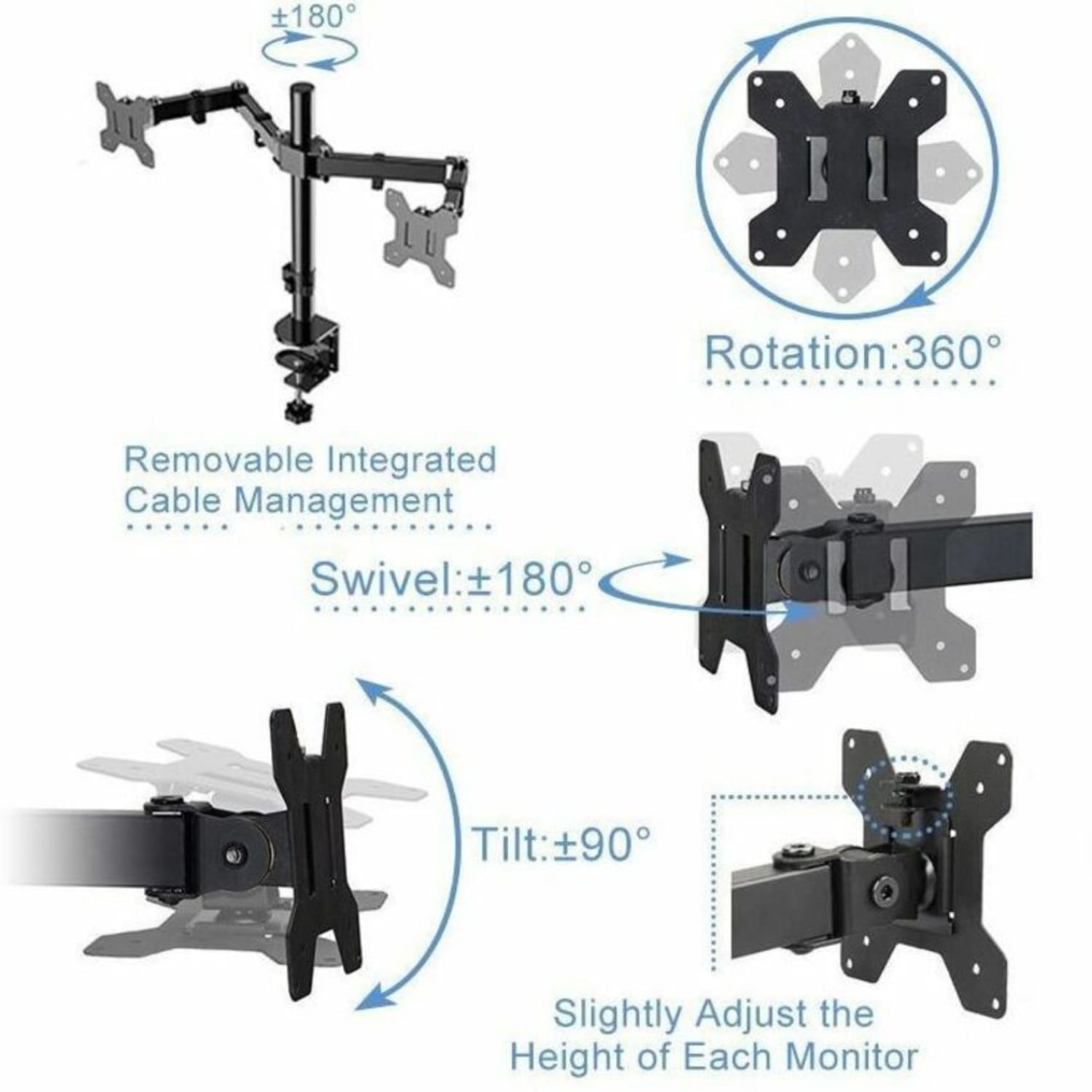 Rocelco RDM2 Desk Mount for LCD Monitor, LED Monitor, Display Stand - Height Adjustable - 2 Display(s) Supported - 13in to 27in Screen Support - 35.27 lb Load Capacity - 75 x 75, 100 x 100 - VESA Mount Compatible - 1 Each - Image 5