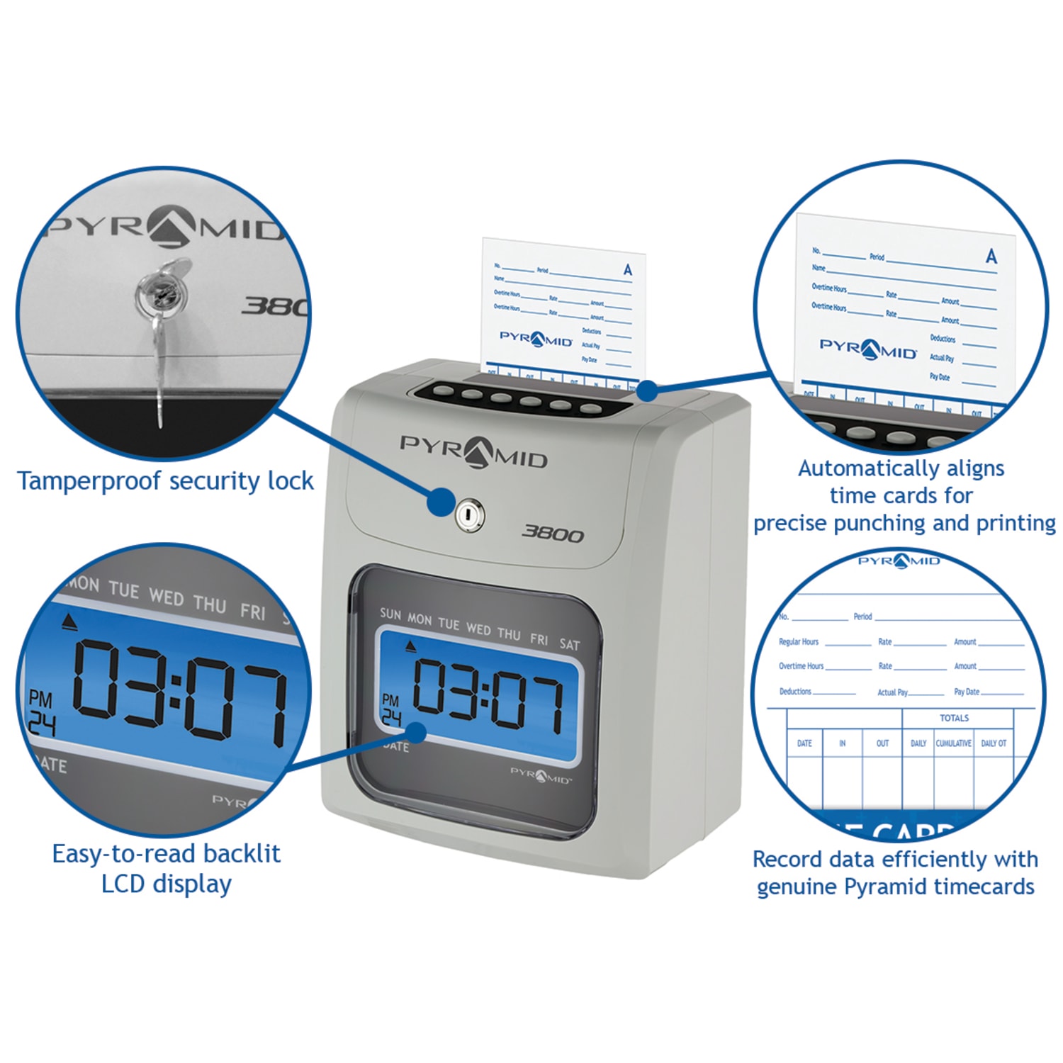 Pyramid Time Systems - Model 3800 Auto Totaling Time Clock, Electronic Time Punch Clock for Small Business, Bundle Includes: 50 Time Cards, 1 Ink Ribbon and 2 Security Keys - Image 3