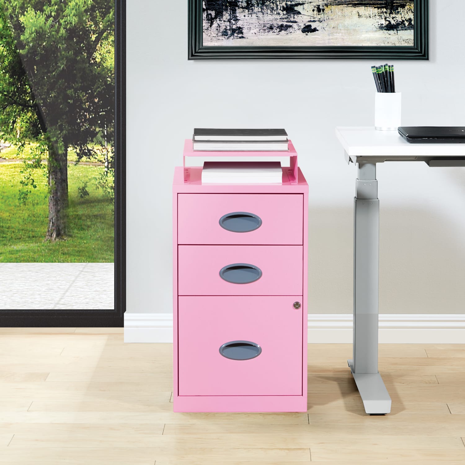 Office Star 18inD Vertical 3-Drawer Locking File Cabinet With Top Shelf, Pink - Image 4
