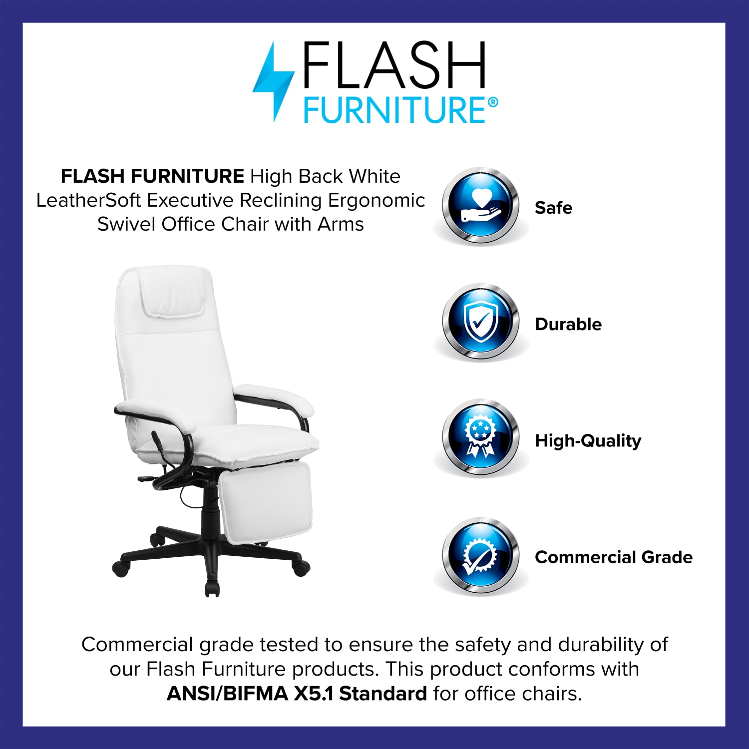 Flash Furniture Ergonomic LeatherSoft Faux Leather High-Back Reclining Swivel Chair, White/Black - Image 5