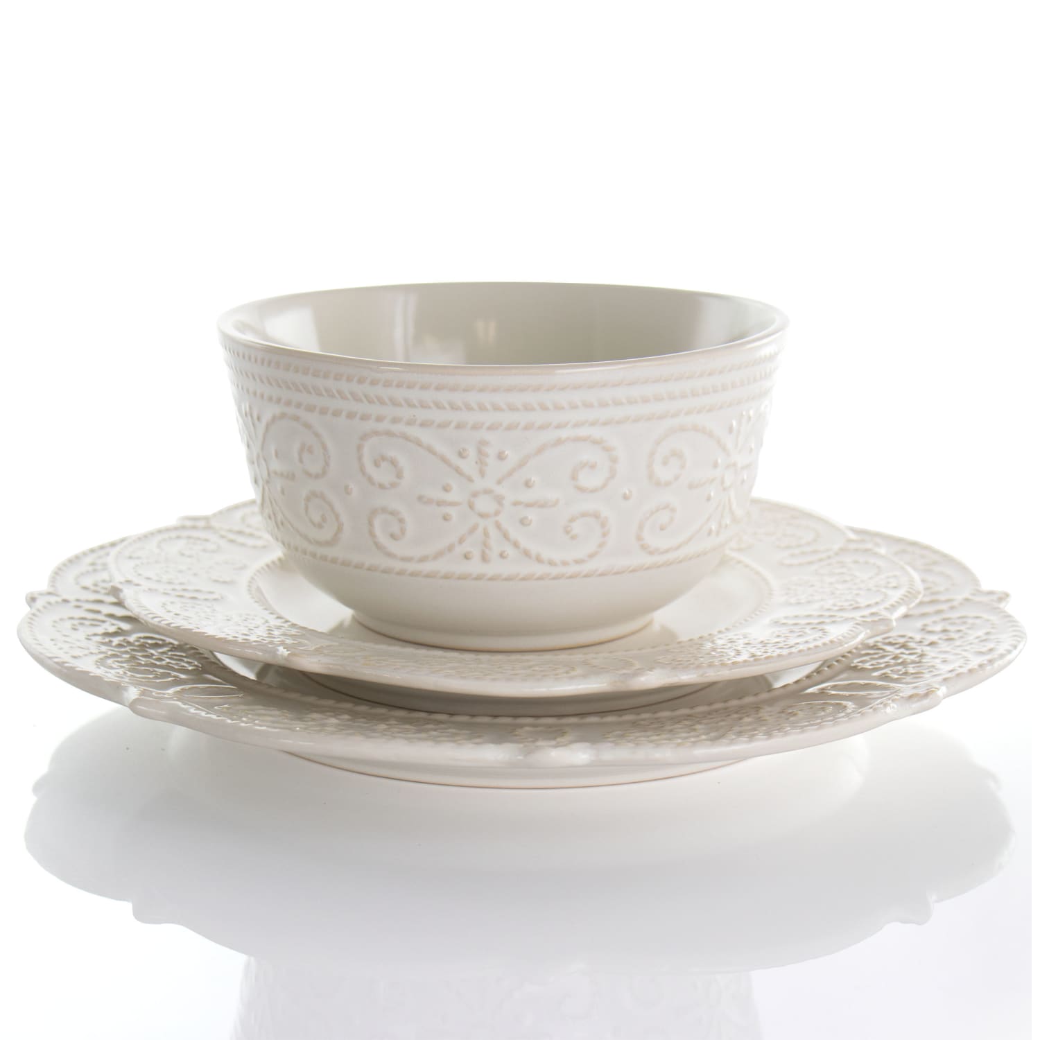 Elama Luna 16-Piece Embossed Dinnerware Set, White - Image 3