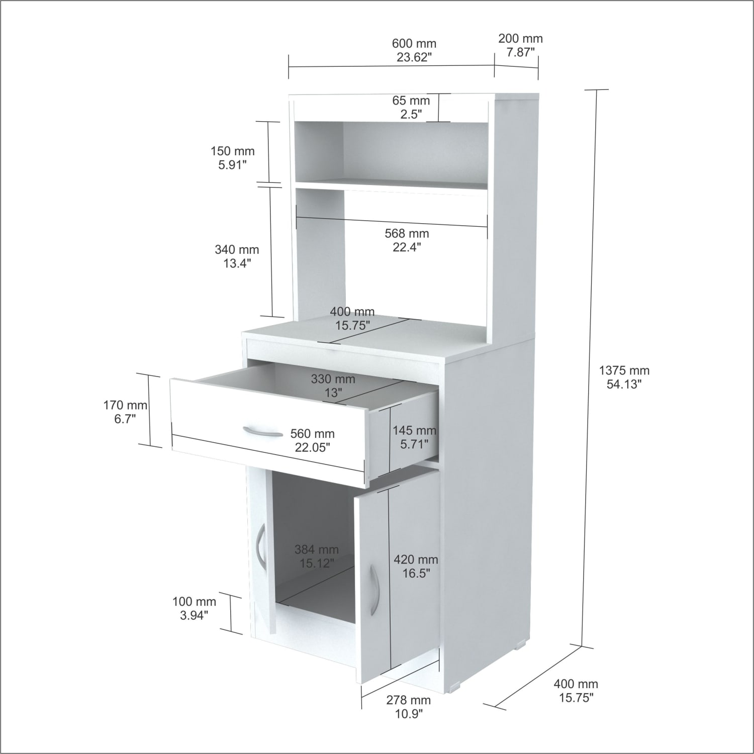 Inval Storage Cabinet With Microwave Stand, 2 Shelves, 54inH x 24inW x 16inD, Laricina White - Image 5