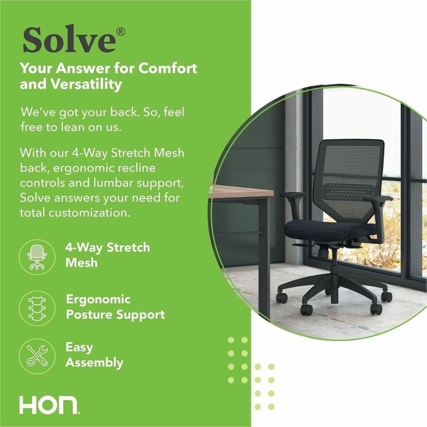 HON Solve Fabric Mid-Back Task Chair, Ilira-Stretch Mesh Back, Black - Image 8