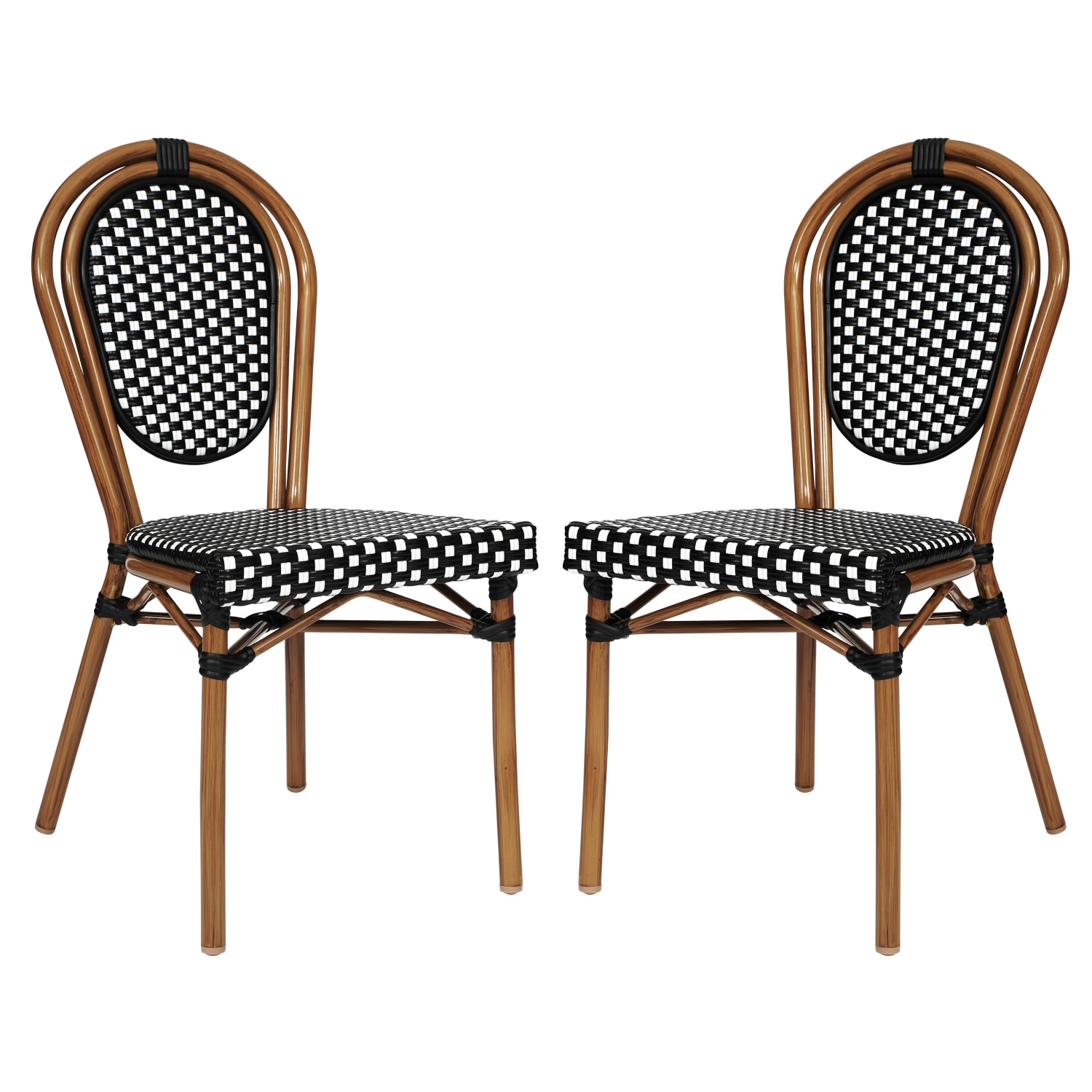 Flash Furniture 2 Pack Lourdes Indoor/Outdoor Commercial Thonet Bistro Stacking Chair, PE Rattan and Aluminum Frame, Black & White/Natural Frame