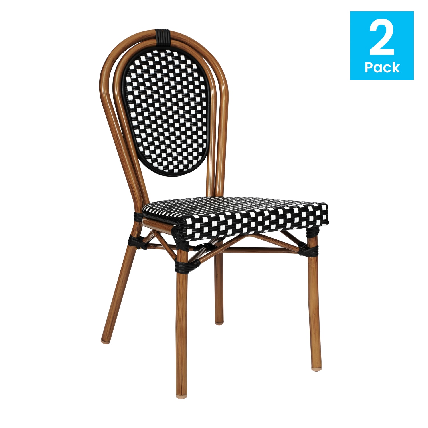 Flash Furniture 2 Pack Lourdes IndoorOutdoor Commercial Thonet Bistro Stacking Chair PE Rattan and Aluminum Frame Black  WhiteNatural Frame PopularChairscom