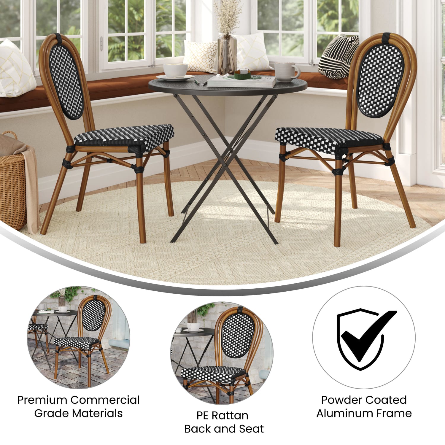 Flash Furniture 2 Pack Lourdes IndoorOutdoor Commercial Thonet Bistro Stacking Chair PE Rattan and Aluminum Frame Black  WhiteNatural Frame PopularChairscom