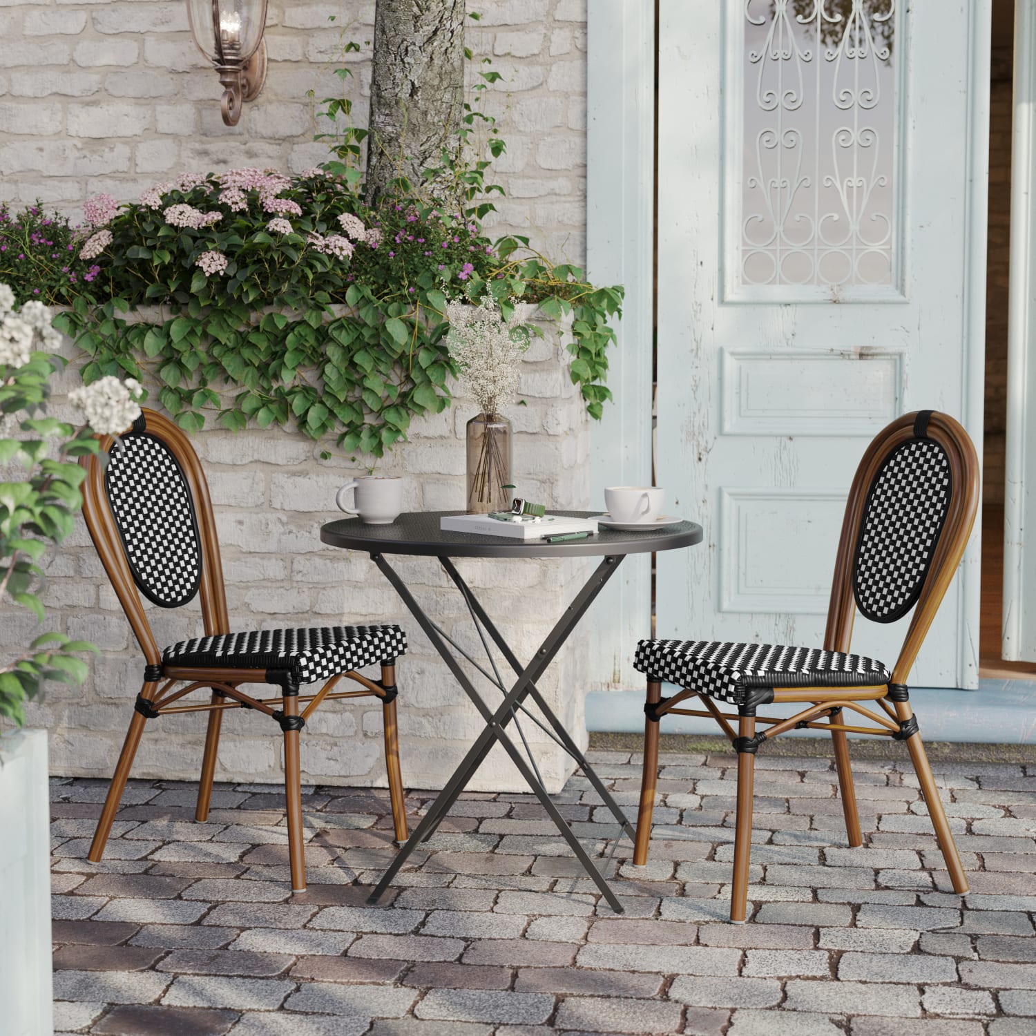 Flash Furniture 2 Pack Lourdes IndoorOutdoor Commercial Thonet Bistro Stacking Chair PE Rattan and Aluminum Frame Black  WhiteNatural Frame PopularChairscom