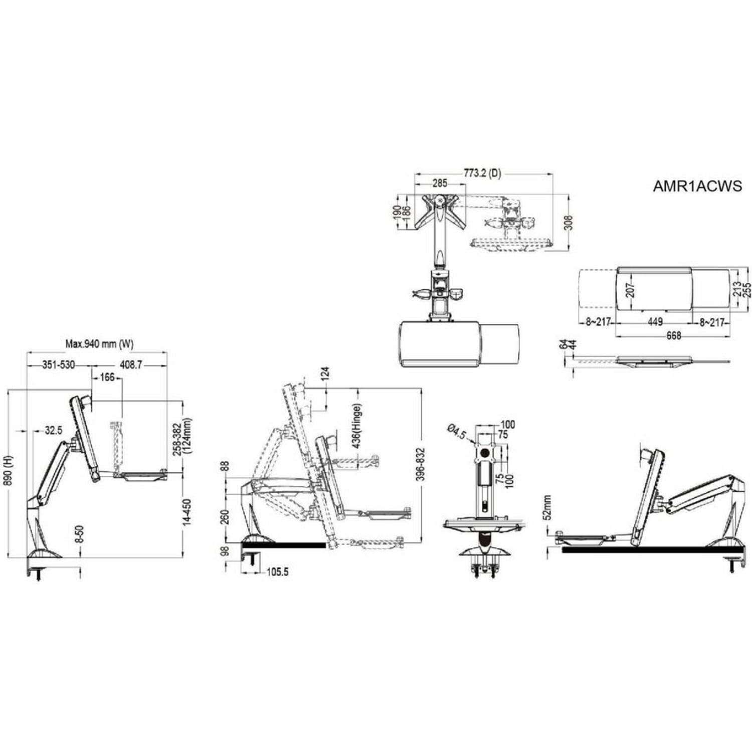 Amer AMR1ACWS Desk Mount for Keyboard, Flat Panel Display, Workstation, Display, Mouse, Scanner - TAA Compliant - 1 Display(s) Supported - 24in Screen Support - 23.15 lb Load Capacity - 75 x 75, 100 x 100 - Image 6