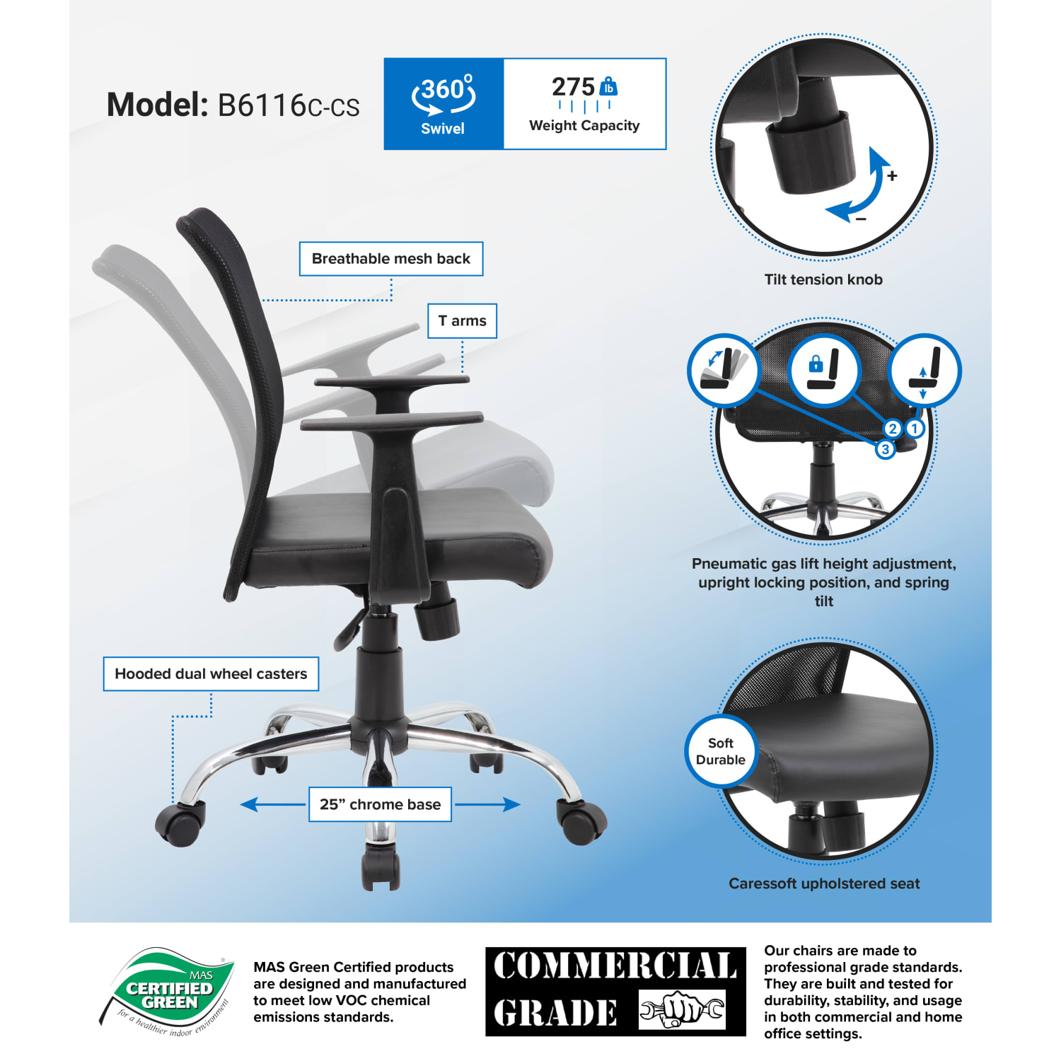 Boss Office Products Budget Vinyl Mid-Back Task Chair, With Arms, Black - Image 3