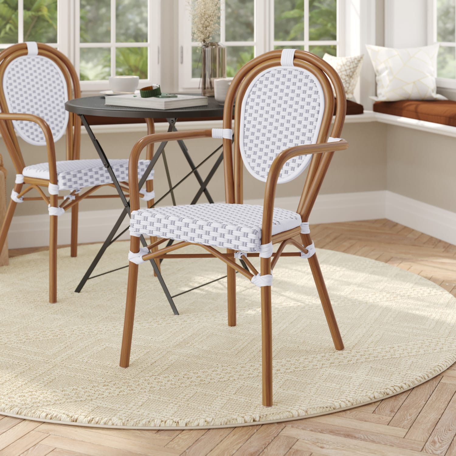 Flash Furniture Lourdes IndoorOutdoor Commercial Thonet Bistro Stacking Chair with Arms PE Rattan and Aluminum Frame White GrayNatural Frame PopularChairscom Flash Furniture Lourdes IndoorOutdoor Commercial Thonet Bistro Stacking Chair with Arms PE Rattan and Aluminum Frame White GrayNatural Frame PopularChairscom