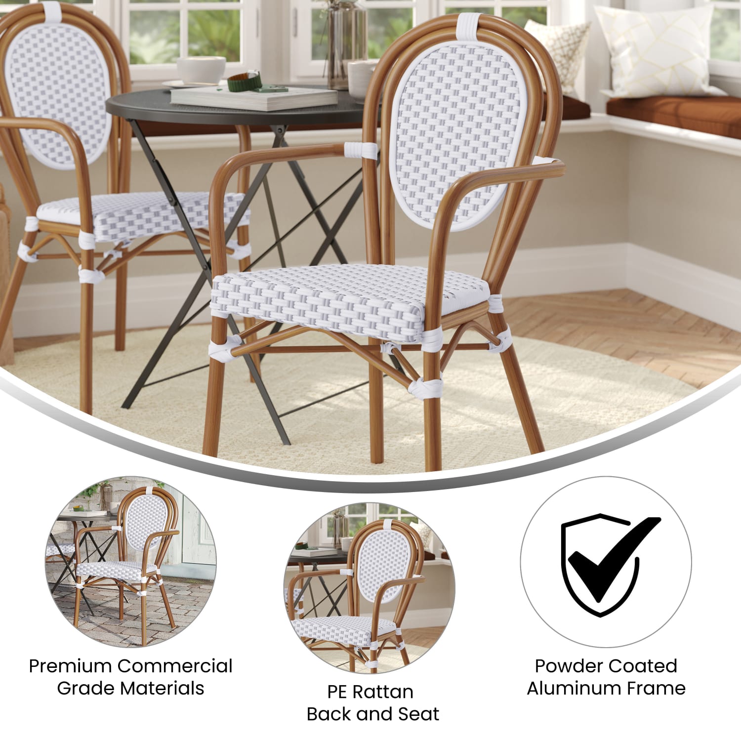 Flash Furniture Lourdes IndoorOutdoor Commercial Thonet Bistro Stacking Chair with Arms PE Rattan and Aluminum Frame White GrayNatural Frame PopularChairscom Flash Furniture Lourdes IndoorOutdoor Commercial Thonet Bistro Stacking Chair with Arms PE Rattan and Aluminum Frame White GrayNatural Frame PopularChairscom