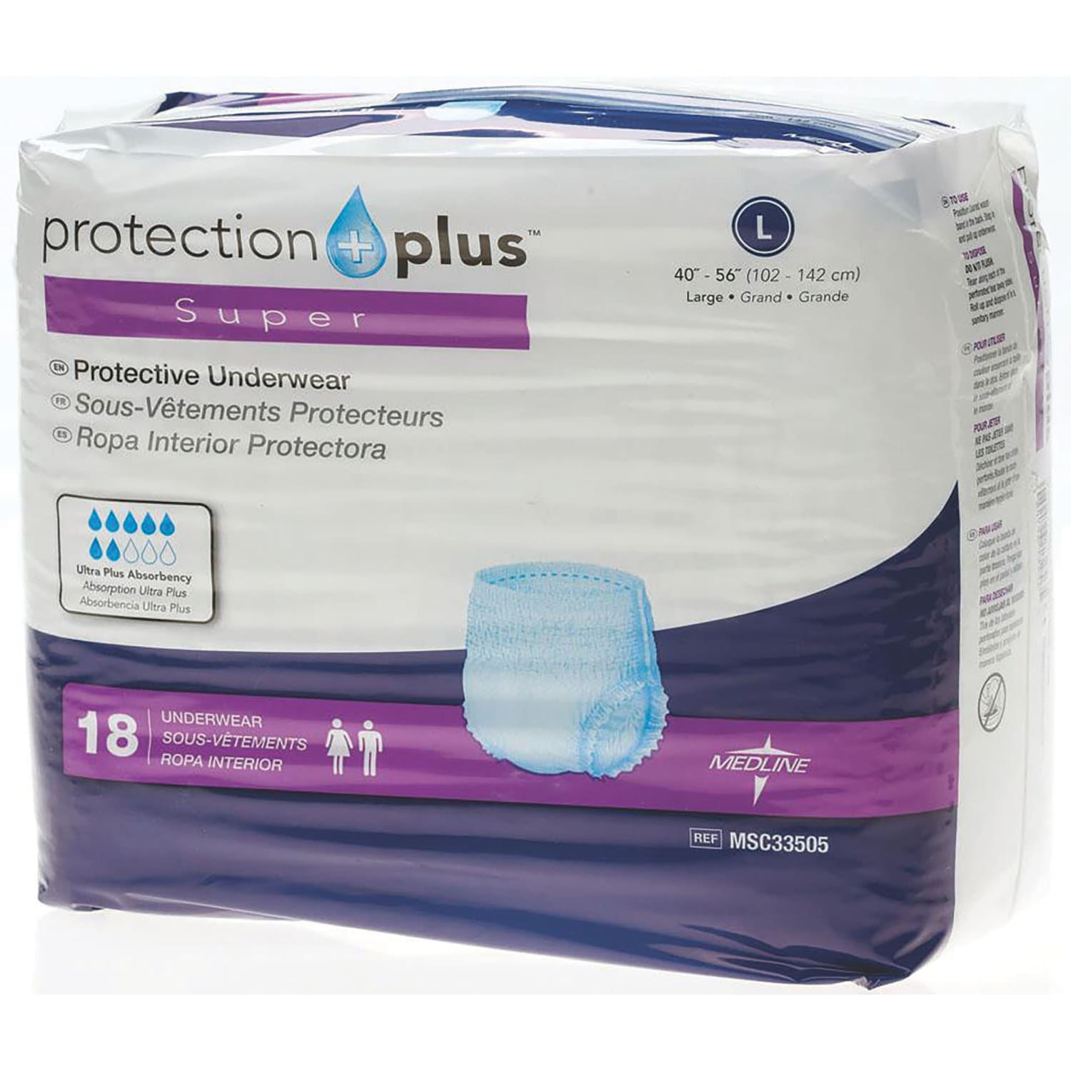 Protection Plus Super Protective Disposable Underwear, Large, 40 - 56in, White, 18 Per Bag, Case Of 4 Bags