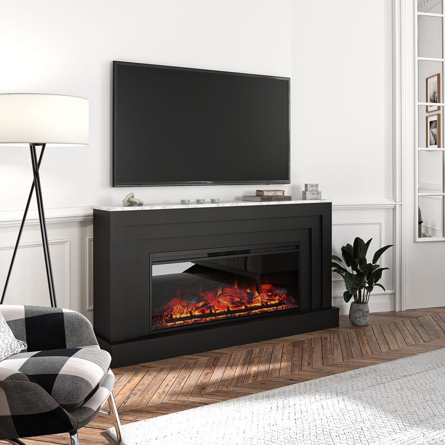 Ameriwood Home Lynnhaven Wide Mantel With Linear Electric Fireplace, 32-11/16inH x 62-7/16inW x 11-13/16inD, Black/White Marble - Image 3