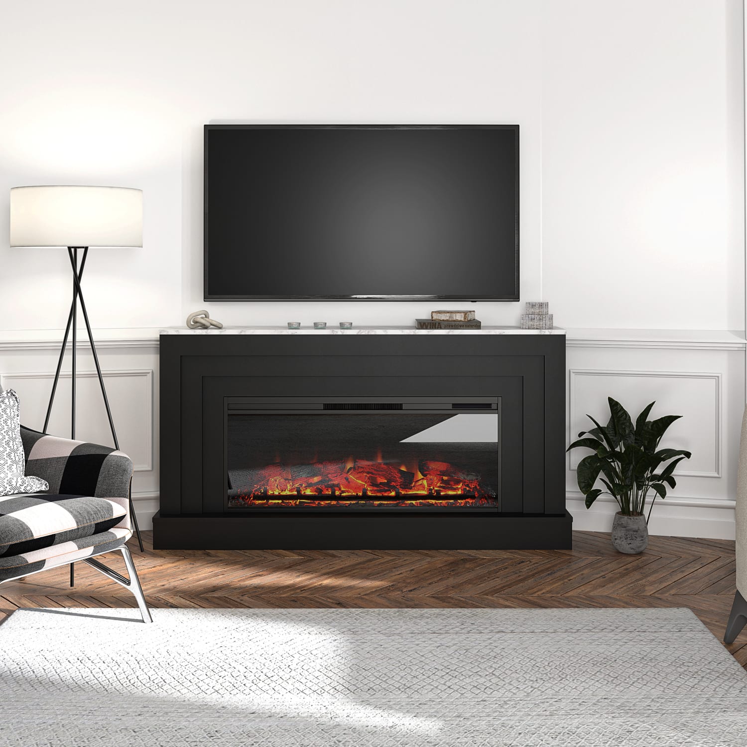 Ameriwood Home Lynnhaven Wide Mantel With Linear Electric Fireplace, 32-11/16inH x 62-7/16inW x 11-13/16inD, Black/White Marble - Image 4
