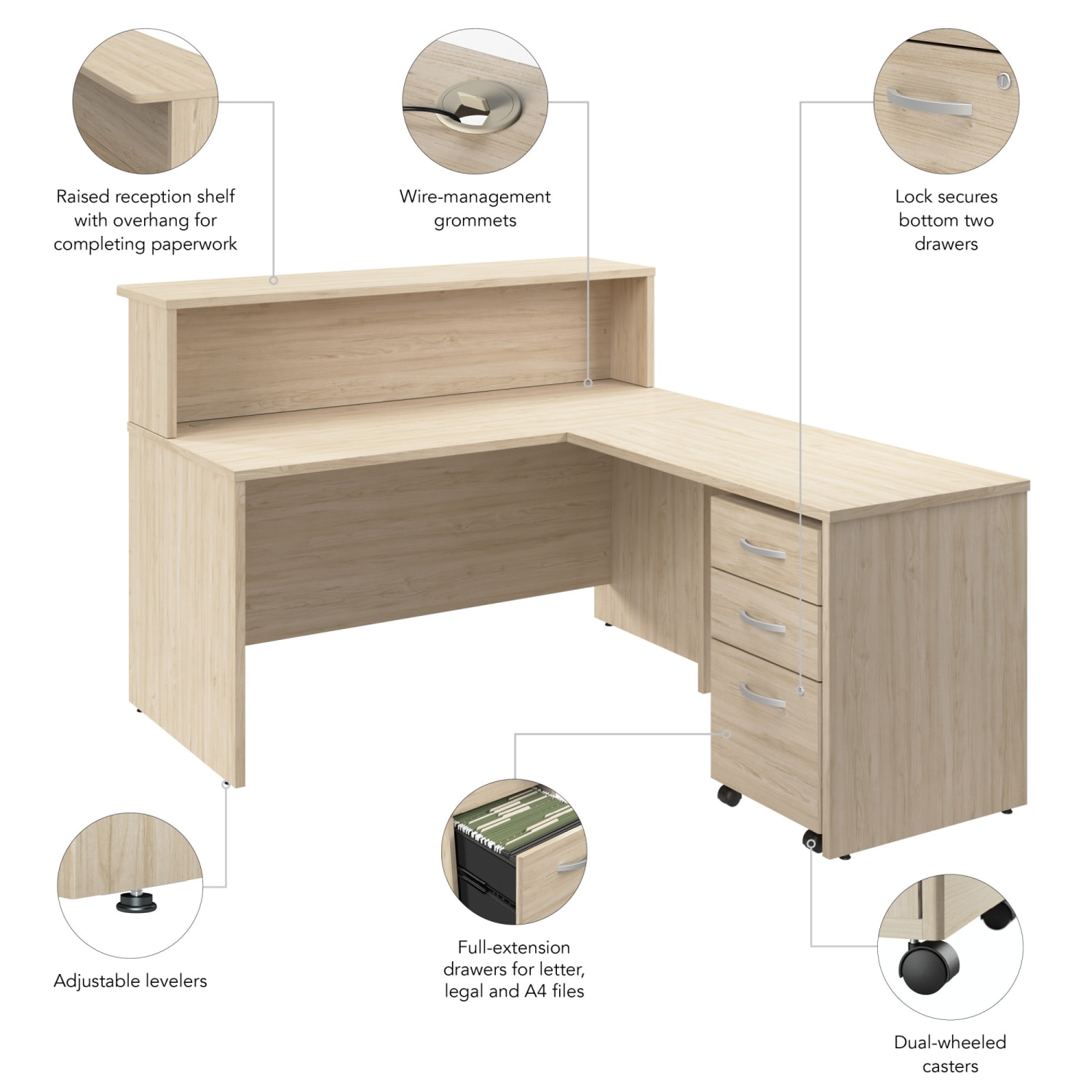 Bush Business Furniture Arrive 60inW L Shaped Reception Desk with Shelf and Mobile File Cabinet, Natural Elm, Standard Delivery - Image 5