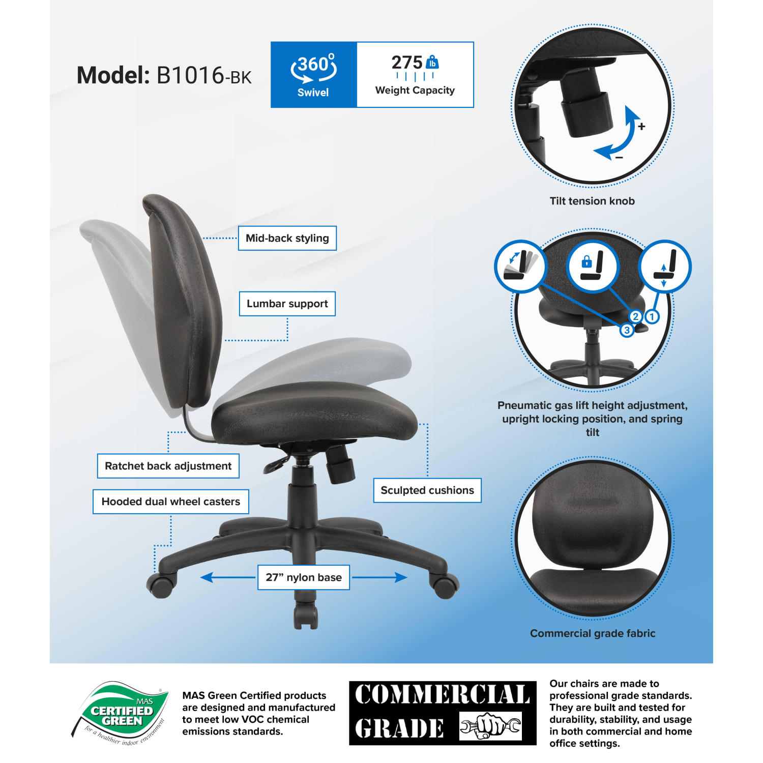 Boss Office Products Ergonomic Fabric Mid-Back Task Office Chair Without Arms, Black - Image 7