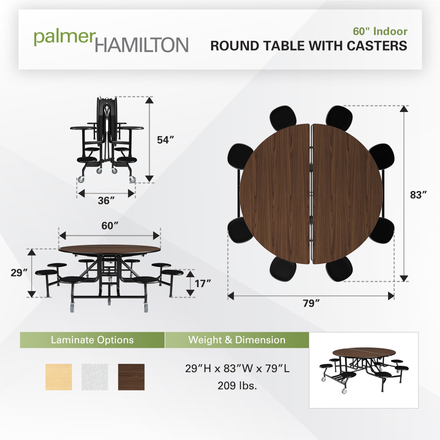 Palmer Hamilton 59T Round Mobile Cafeteria Table, 29in x 83in, Montana Walnut - Image 4