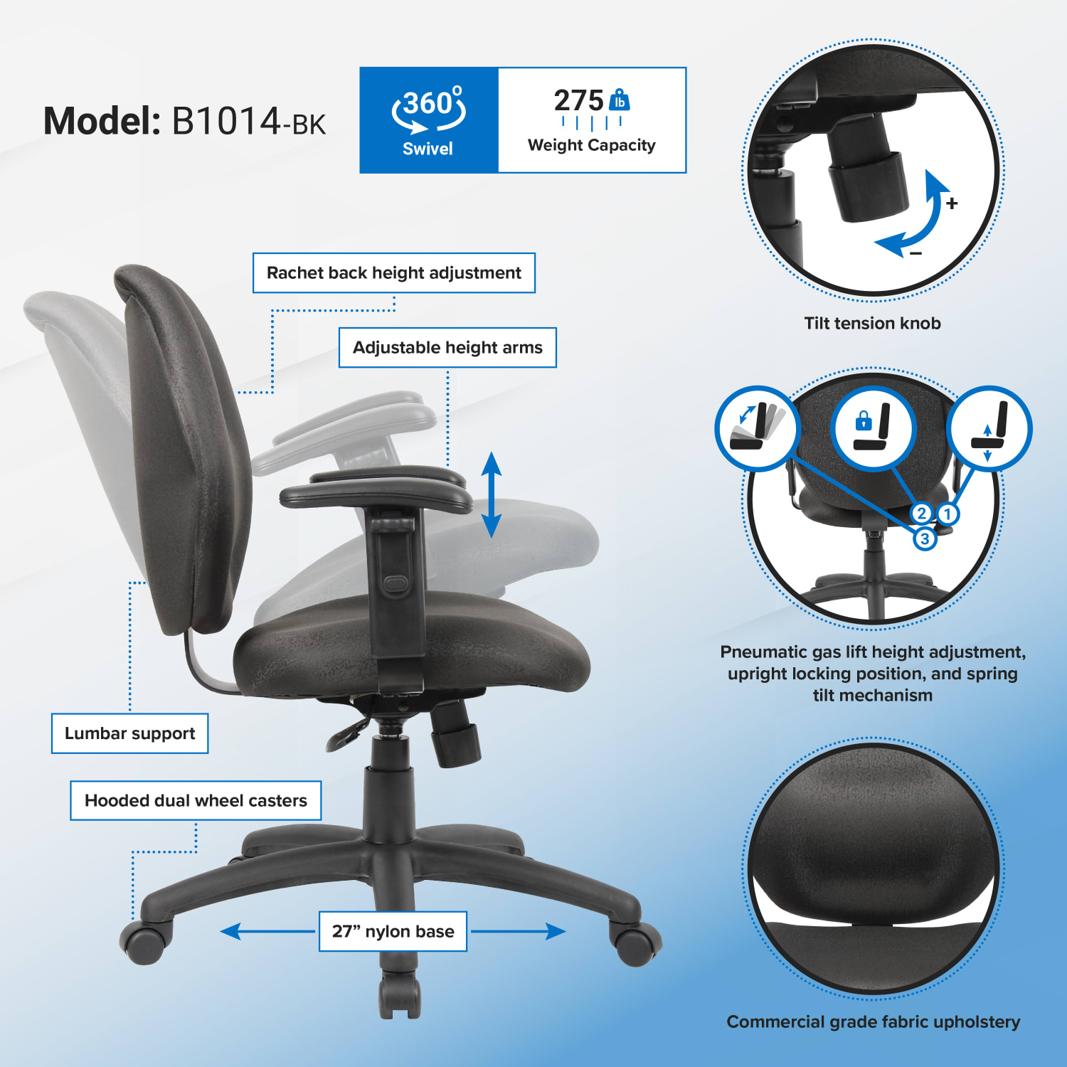 Boss Office Products Ergonomic Vinyl Mid-Back Task Chair With Adjustable Arms, Black - Image 7