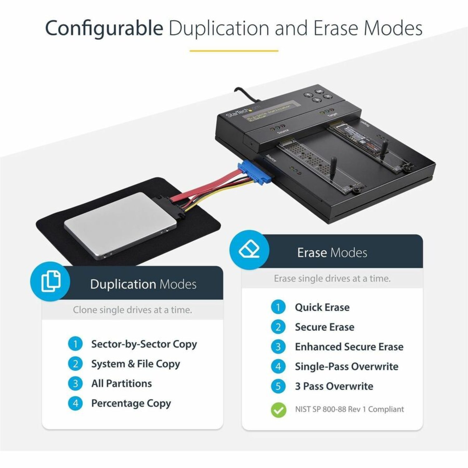 StarTech.com Standalone M.2 NVMe Duplicator and Eraser, External SSD/HDD Cloner/Wiper, M.2 PCIe AHCI/NVMe, M.2 SATA, 2.5in/3.5in SATA Drives - Image 6