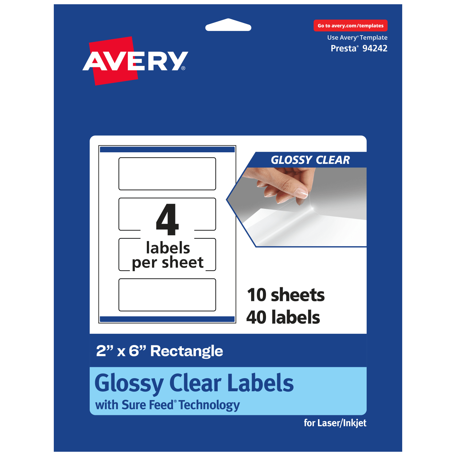 Avery Glossy Permanent Labels With Sure Feed, 94242-CGF10, Rectangle, 2in x 6in, Clear, Pack Of 40