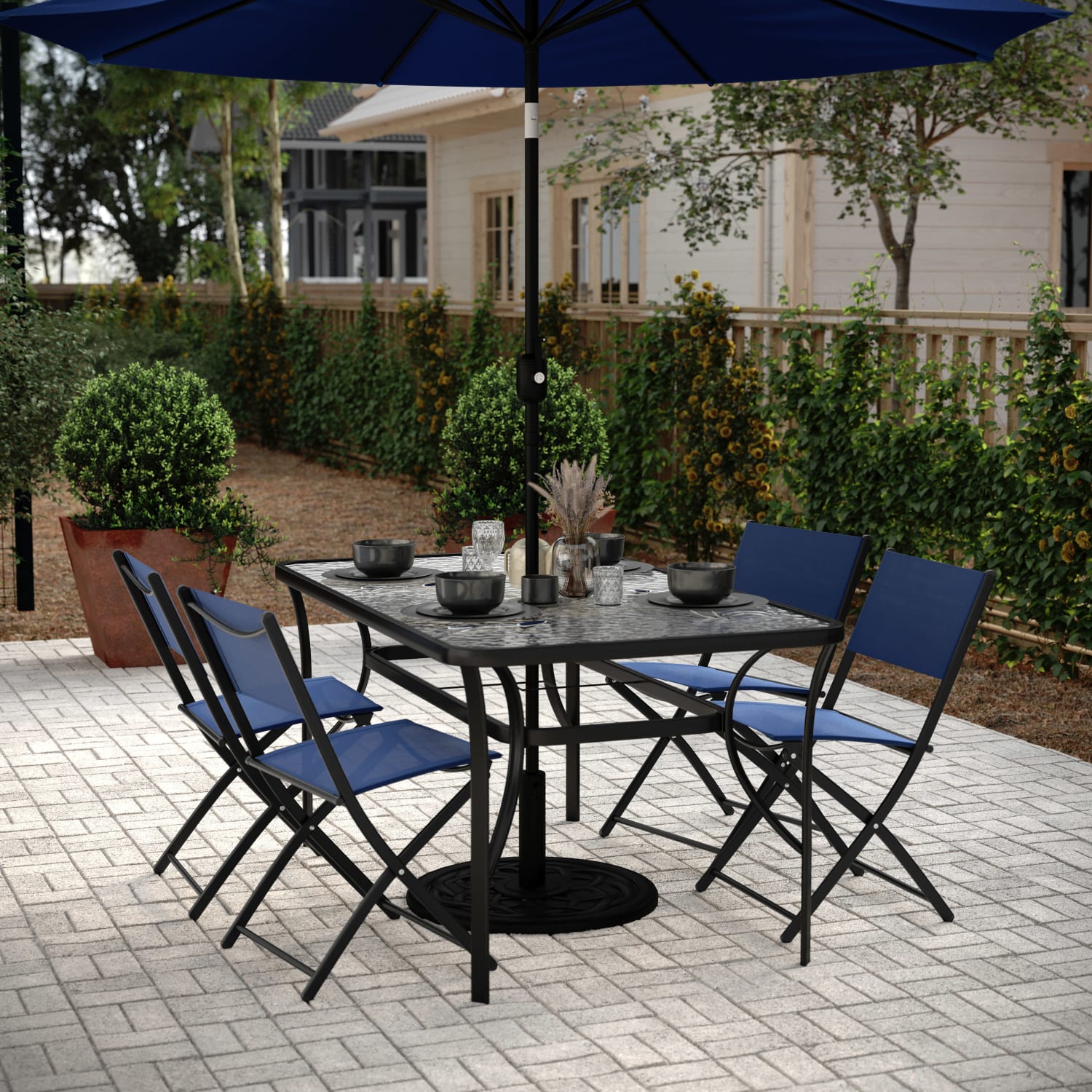 Flash Furniture Tory Commercial Grade Patio Table with Tempered Glass Top with Umbrella Hole and Steel Tube Frame, Clear Top/Black Frame - Image 3
