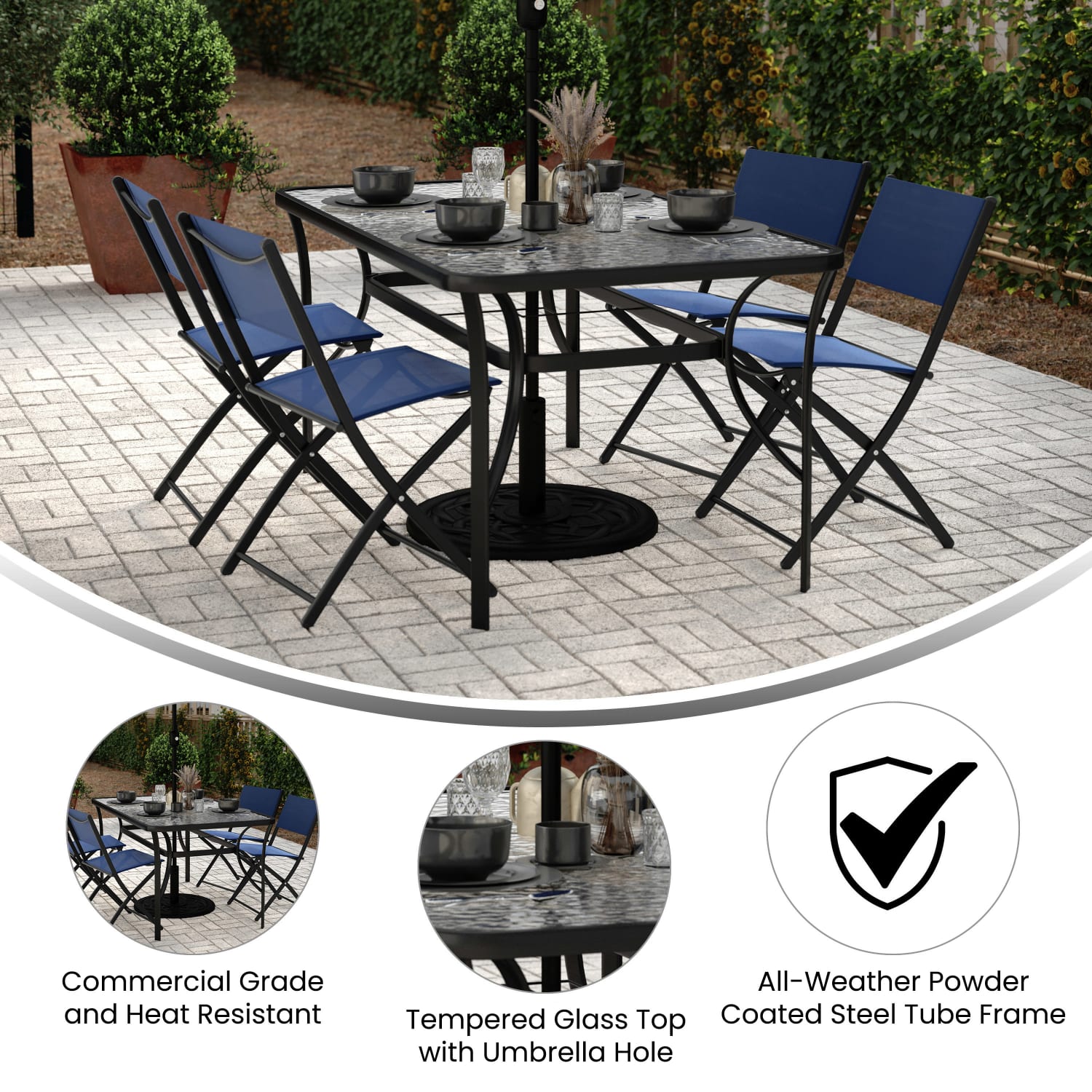 Flash Furniture Tory Commercial Grade Patio Table with Tempered Glass Top with Umbrella Hole and Steel Tube Frame, Clear Top/Black Frame - Image 4