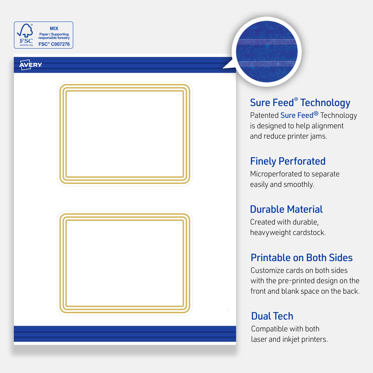 Avery Printable Postcards With Sure Feed Technology, 4.25in x 5-1/2in, Matte White With Preprinted Gold Multi-Lined Border, Pack Of 20 - Image 5