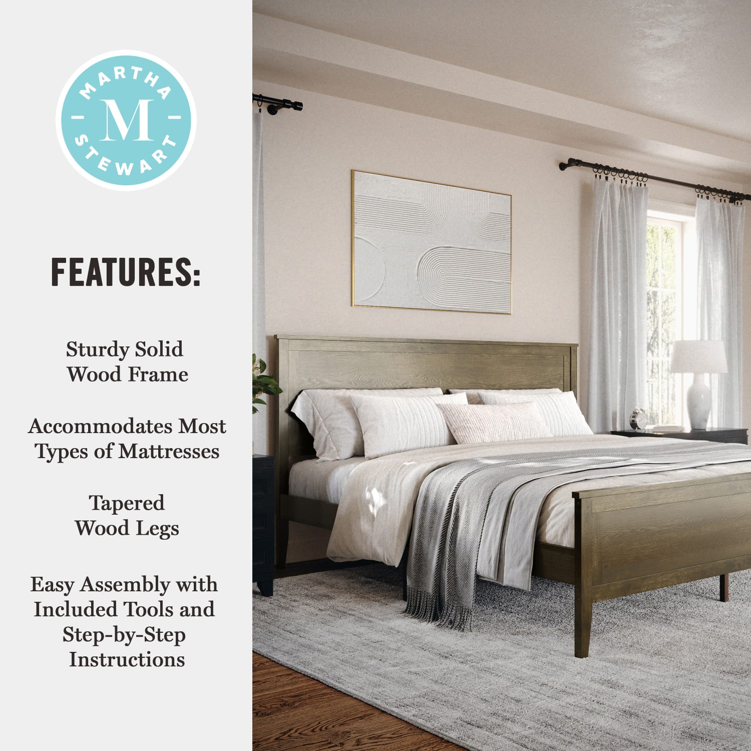 Flash Furniture Martha Stewart Corbin Solid Wood Platform Bed with Wooden Headboard and Footboard, No Box Spring Needed, Brown Gray, King - Image 5