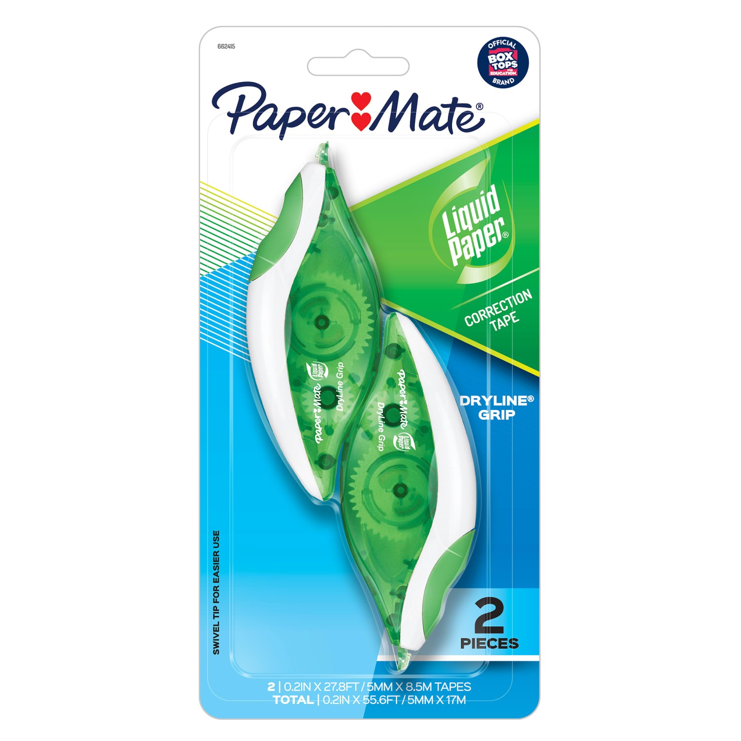 Paper Mate Liquid Paper DryLine Grip Correction Tape, Single Line, 335in, White, Pack Of 2