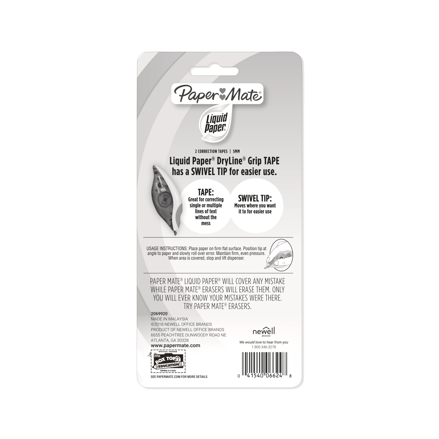 Paper Mate Liquid Paper DryLine Grip Correction Tape, Single Line, 335in, White, Pack Of 2 - Image 3