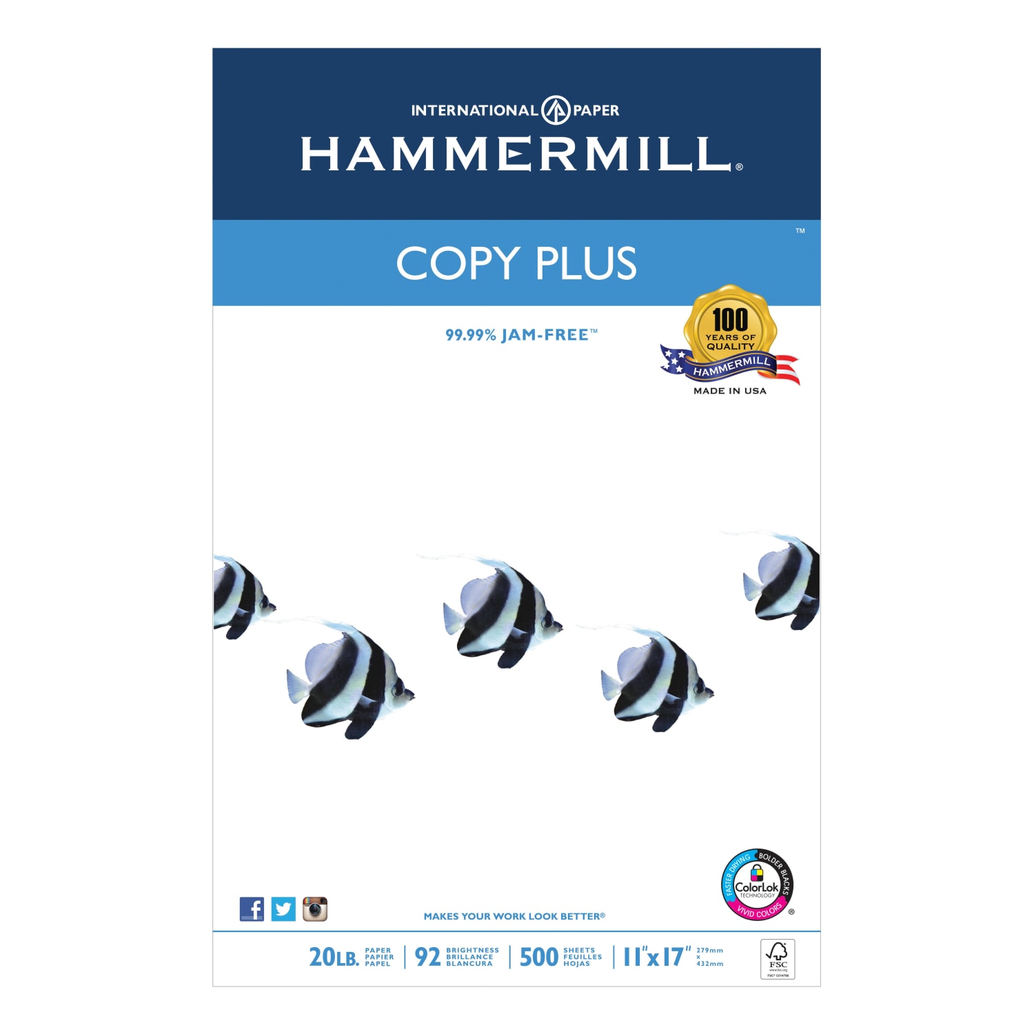 Hammermill Tidal Multi-Use Printer & Copy Paper, 1 Ream, White, Ledger (11in x 17in), 500 Sheets Per Ream, 20 Lb, 92 Brightness