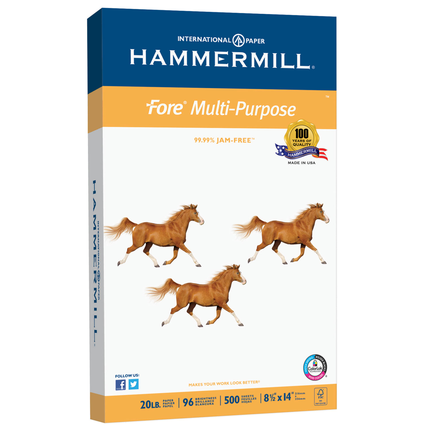Hammermill Fore Multi-Use Printer & Copy Paper, 1 Ream, White, Legal (8.5in x 14in), 500 Sheets Per Ream, 20 Lb, 96 Brightness
