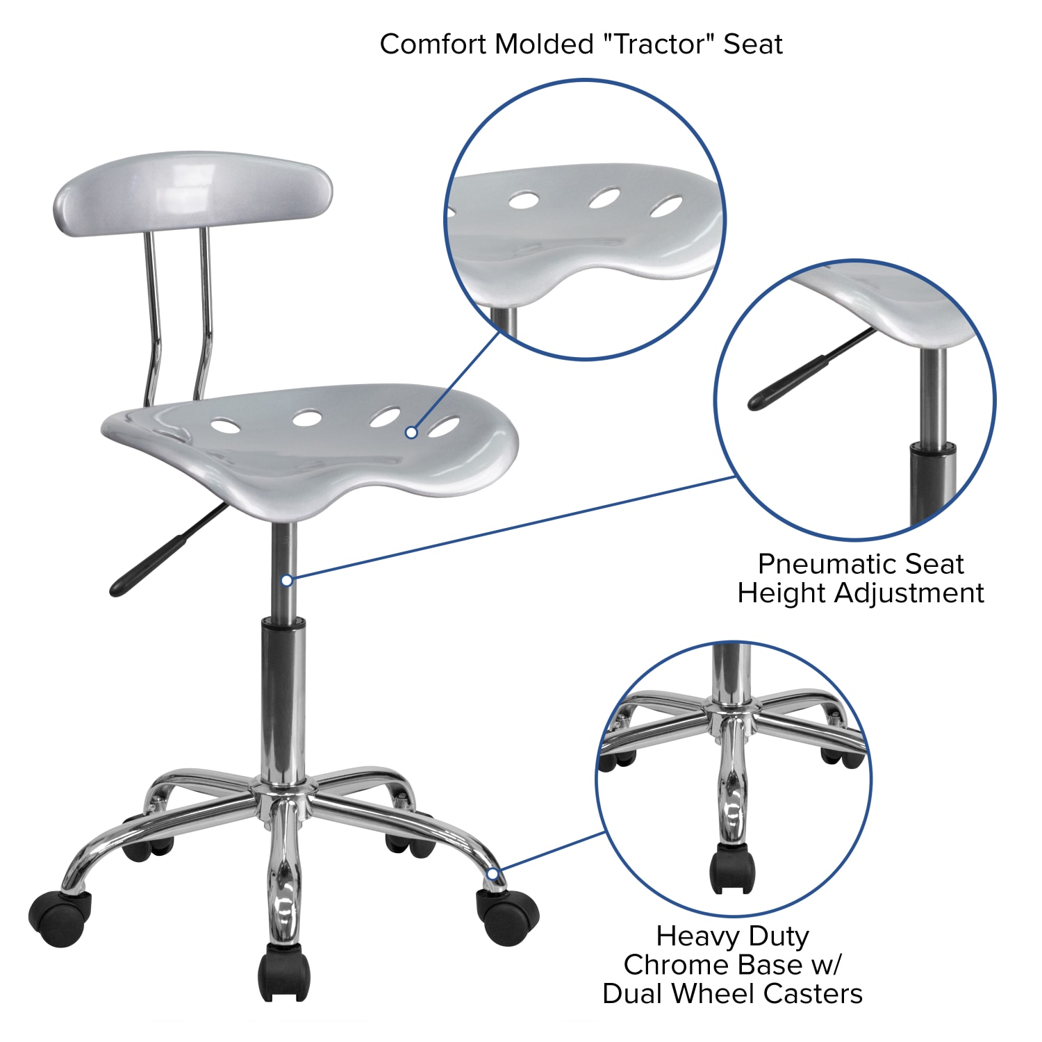 Flash Furniture Vibrant Low-Back Task Chair With Tractor Seat, Silver/Chrome - Image 6
