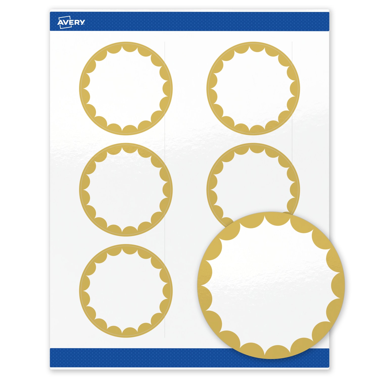 Avery Print-To-The-Edge Labels With Sure Feed Technology, S00-DK0-PRWGP10, Round, 3in, Glossy White, Preprinted Gold Dots Edge Design, Pack Of 60 - Image 3