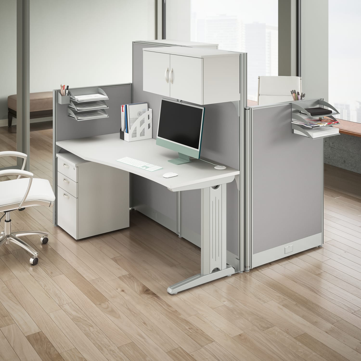 Bush Business Furniture Office in an Hour 2-Person 129inW Straight Cubicle Desks With Storage, Drawers And Organizers, Pure White, Standard Delivery - Image 3