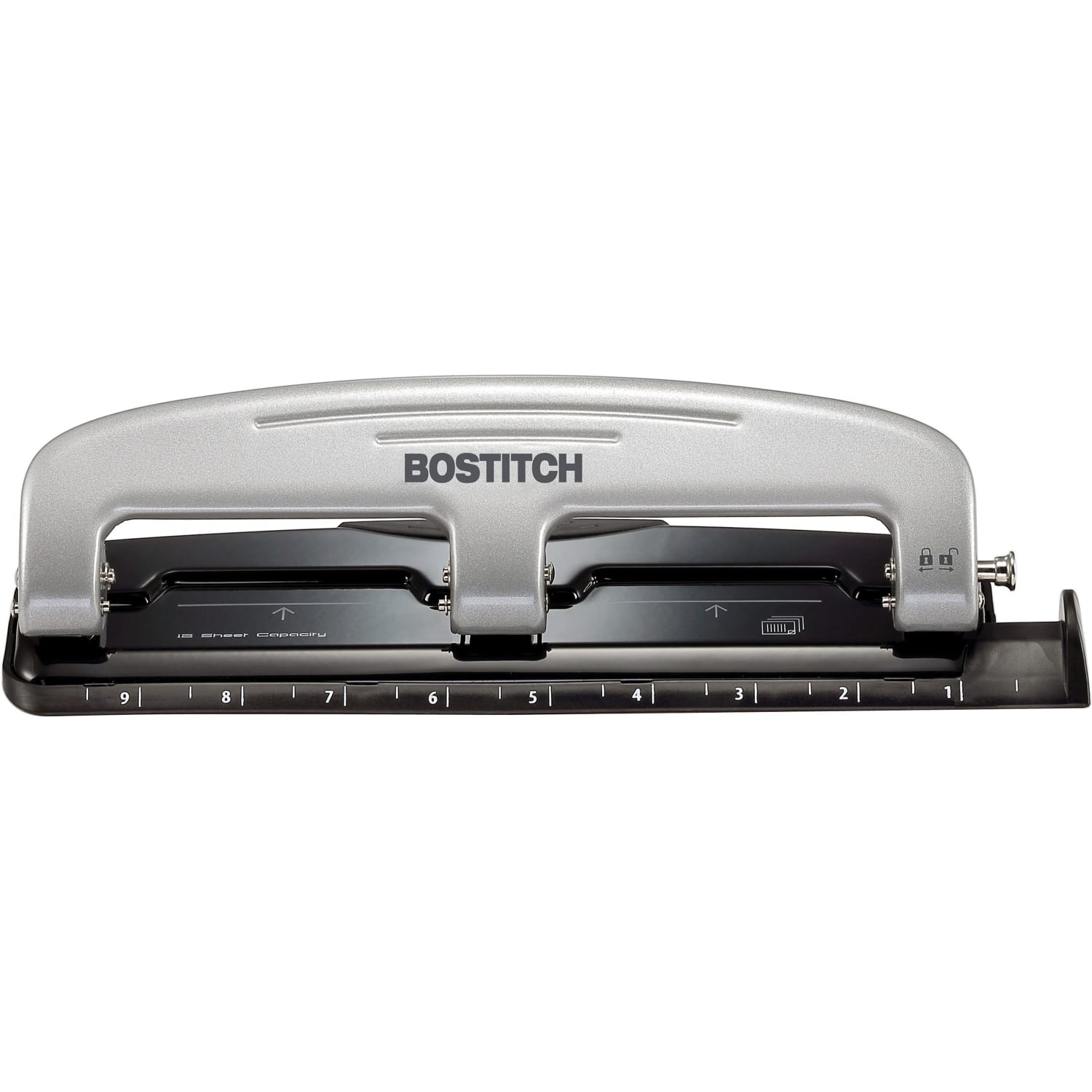 Bostitch EZ Squeeze Three-Hole Punch, 12 Sheet Capacity, Black/Silver - Image 5