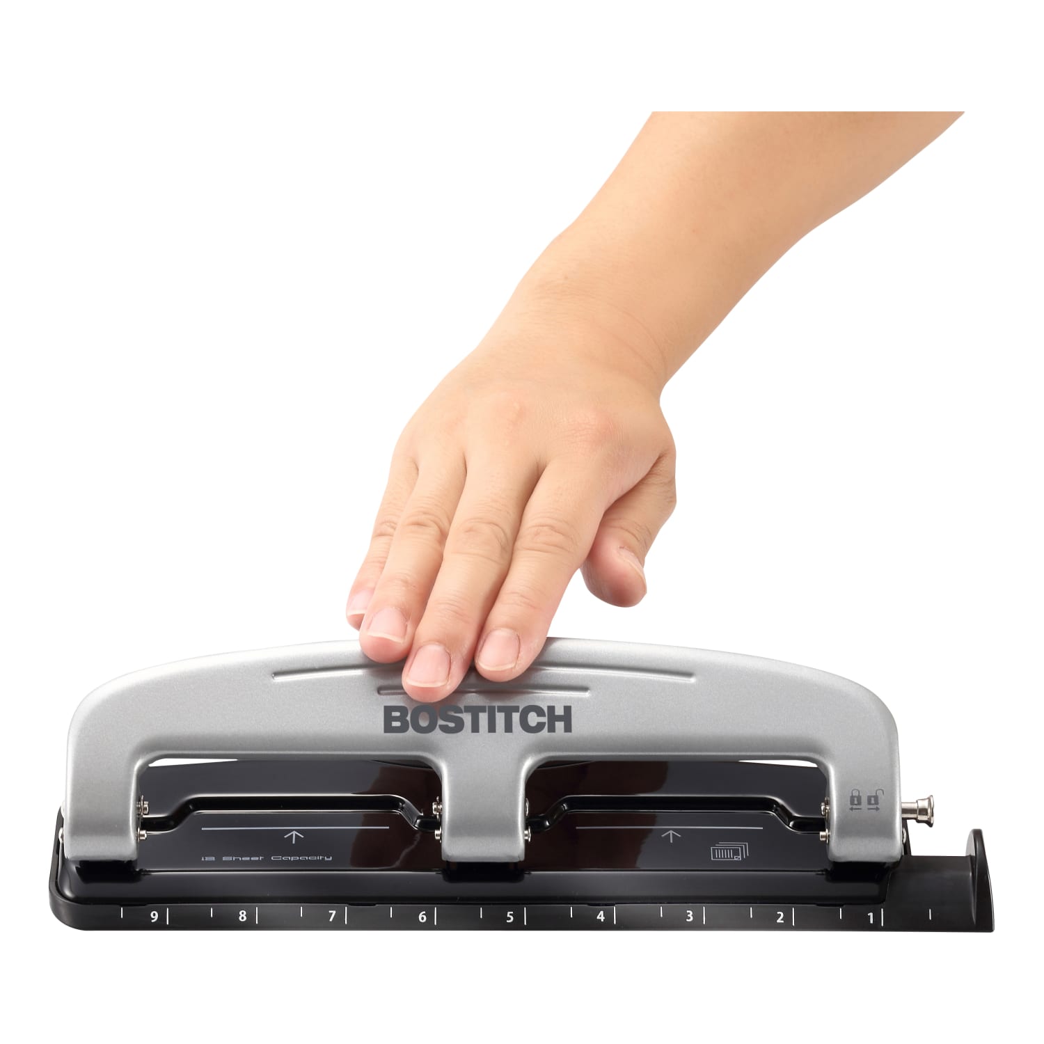 Bostitch EZ Squeeze Three-Hole Punch, 12 Sheet Capacity, Black/Silver - Image 6