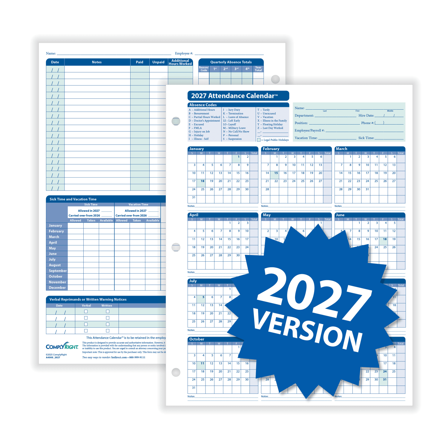ComplyRight 2026 Attendance Calendar Kit, 8 1/2in x 11in, White, Pack Of 25 - Image 6