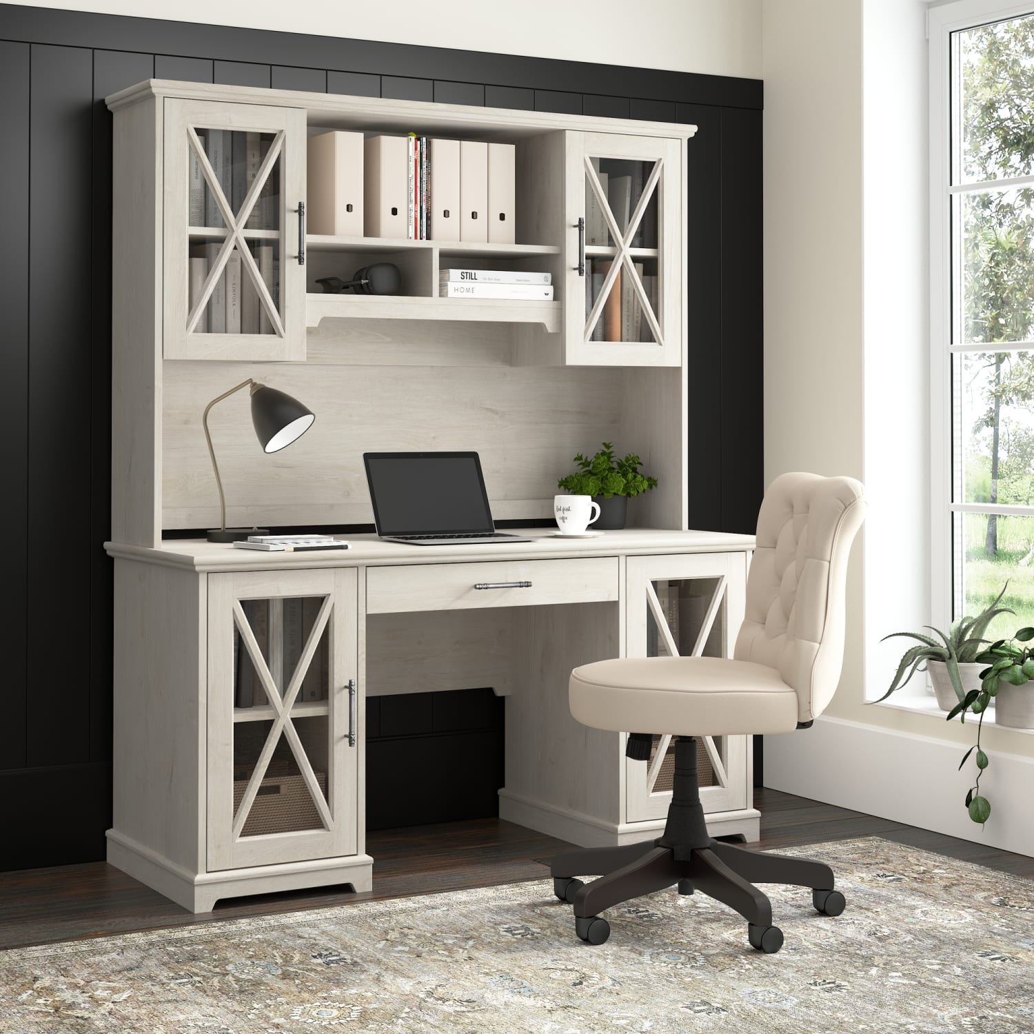Bush Business Furniture Lennox 60inW Farmhouse Computer Desk With Hutch And Keyboard Tray, Linen White Oak, Standard Delivery - Image 3