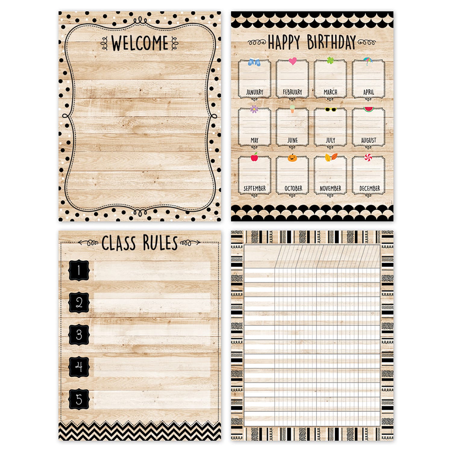 Creative Teaching Press Core Decor Classroom Essentials Charts, Black, White And Wood, 22in x 17in, Pack Of 4 Charts