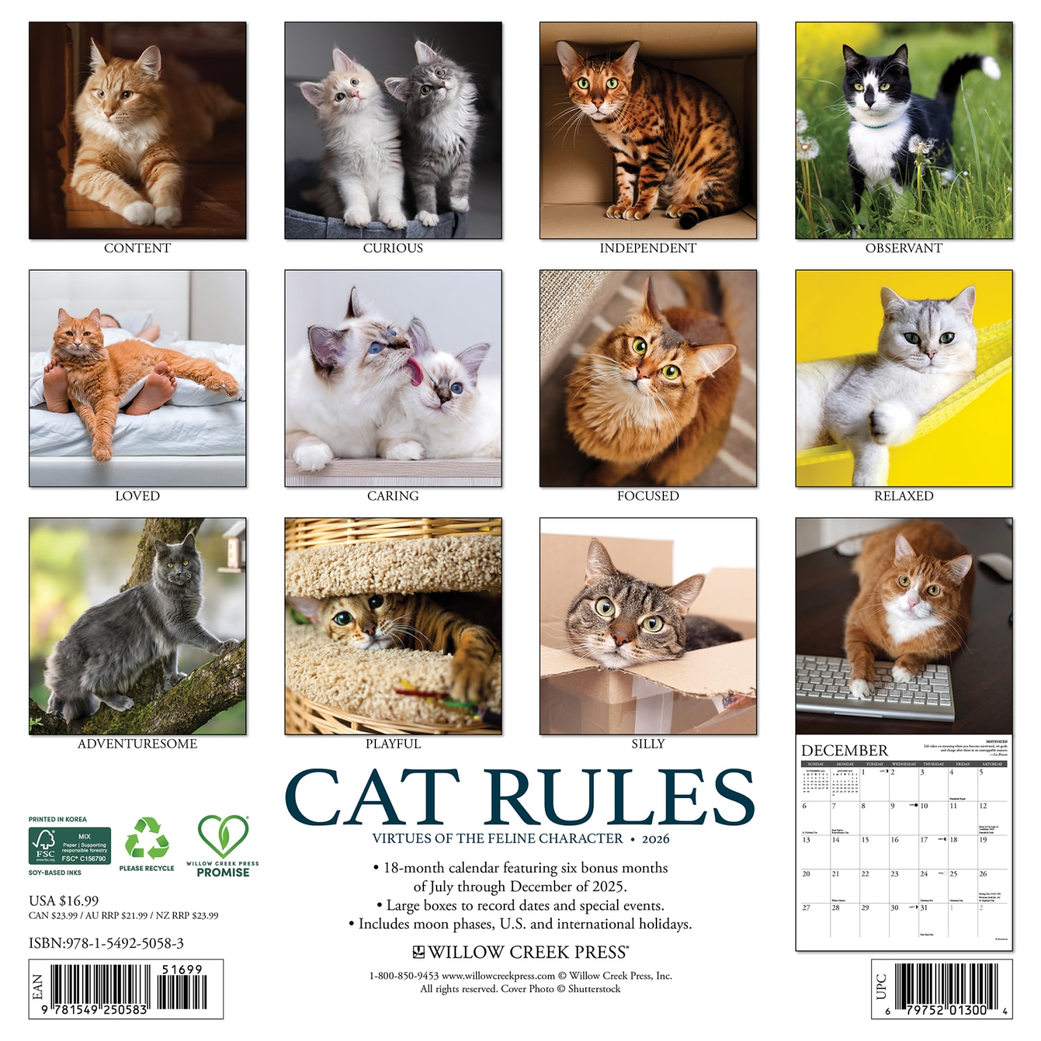 2026 Willow Creek Press Animals Monthly Wall Calendar, 12in x 12in, Cat Rules, January To December, 50583 - Image 6