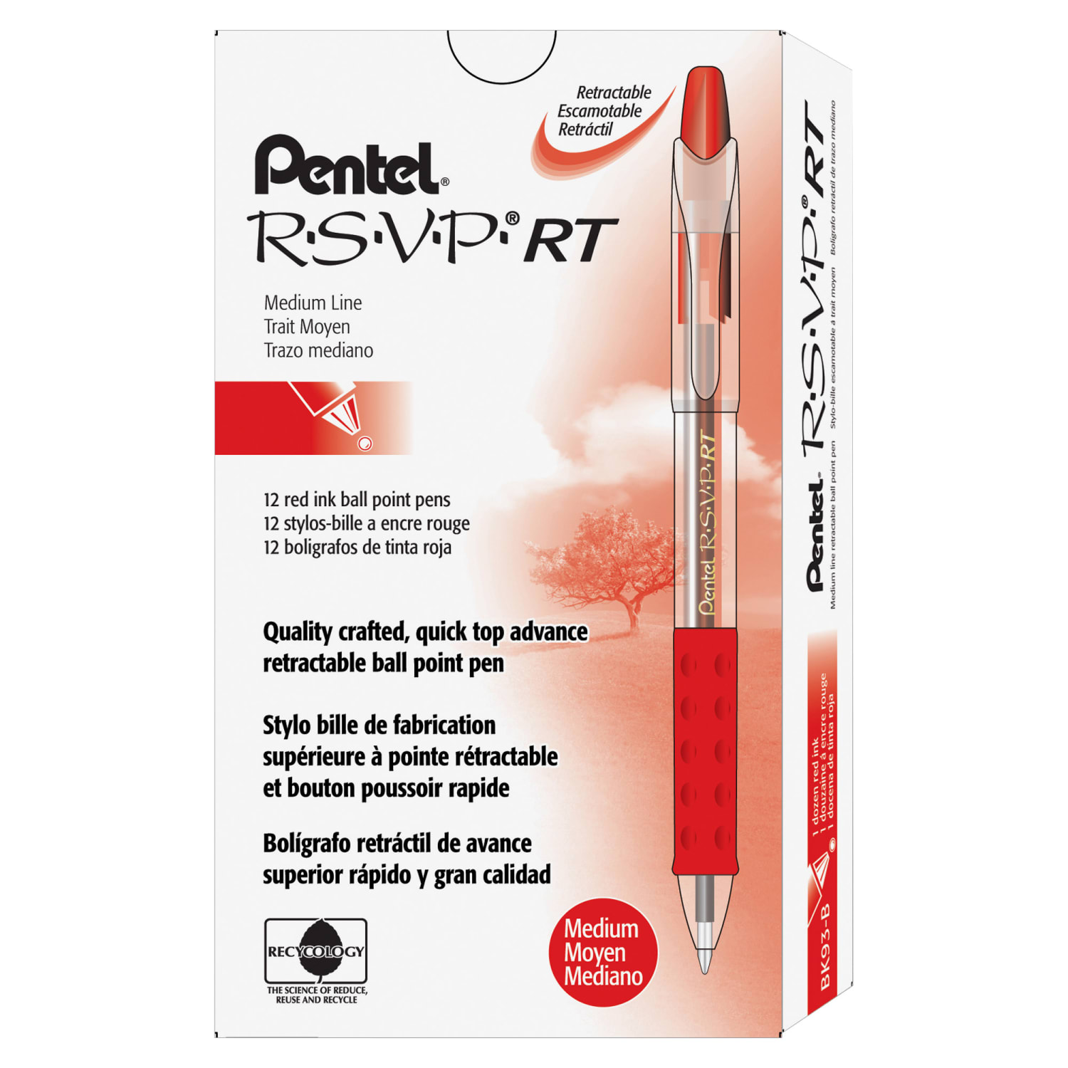 Pentel R.S.V.P. Retractable Ballpoint Pens, Medium Point, 1.0 mm, Clear Barrel, Red Ink, Pack Of 12 Pens - Image 4