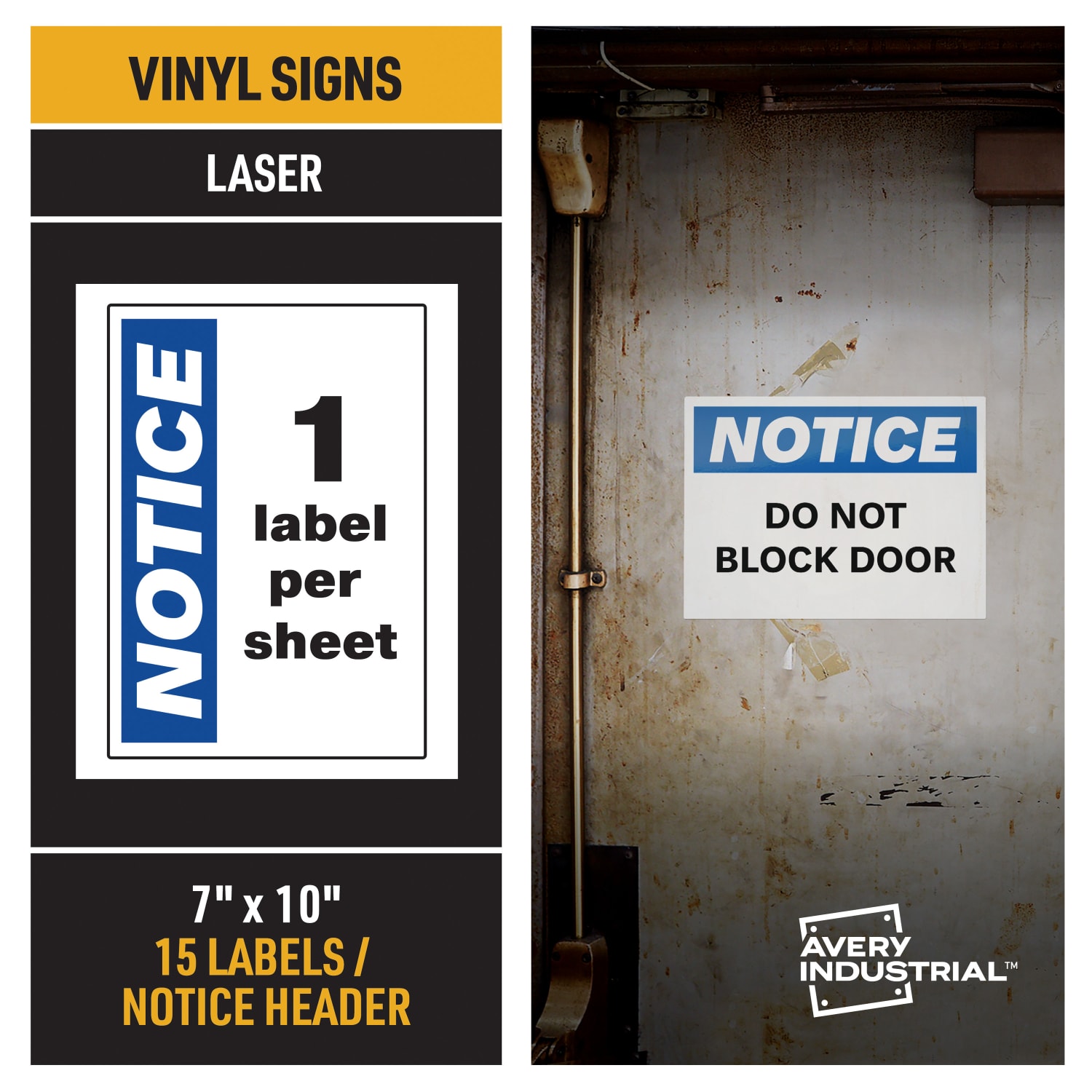 Avery Industrial Adhesive Vinyl Signs, 61555, Notice Header, 10inW x 7inD, White, Pack Of 15