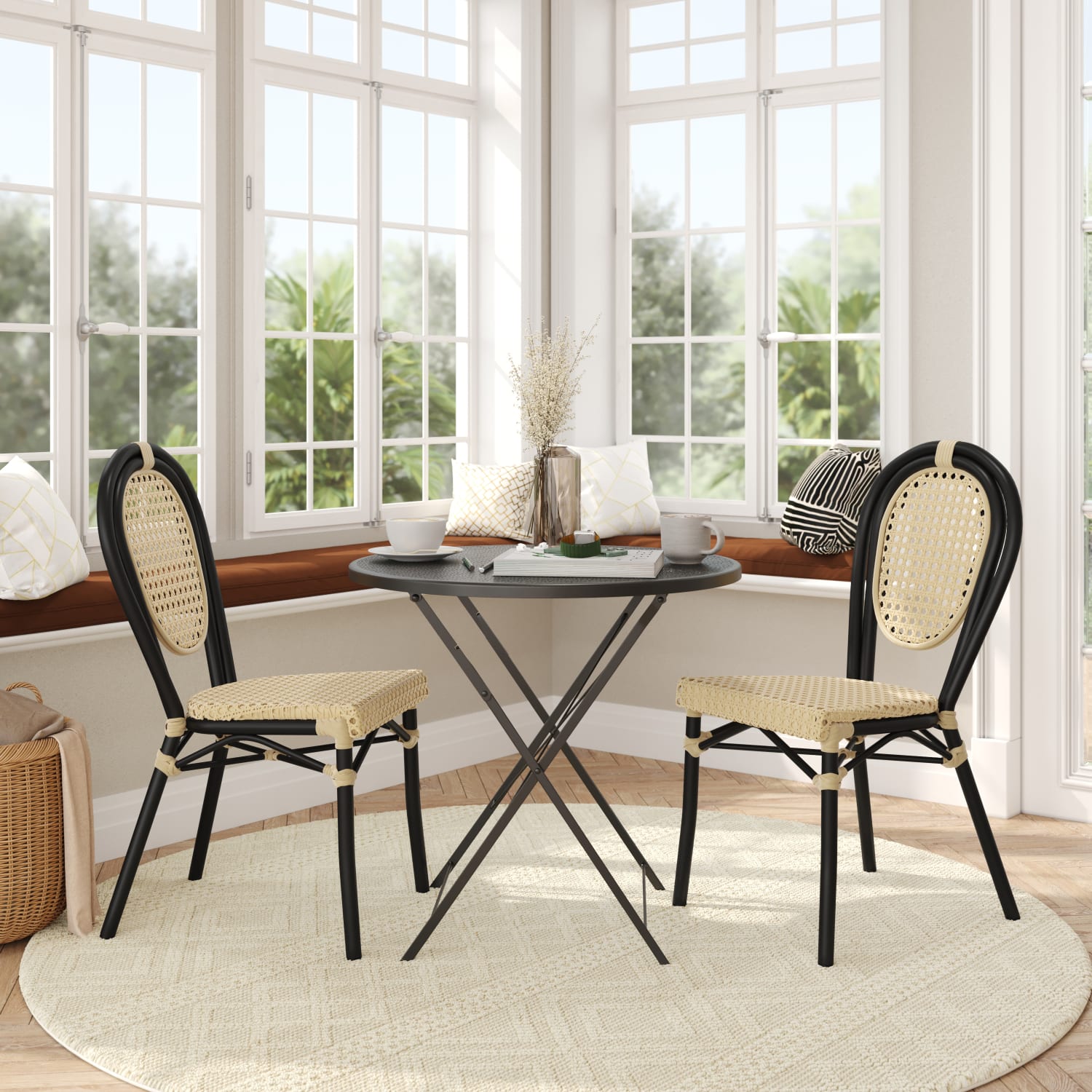 Flash Furniture 2 Pack Cannes Indoor/Outdoor Commercial Thonet Bistro Stacking Chair, PE Cane Rattan and Aluminum Frame, Natural/Black Frame - Image 4