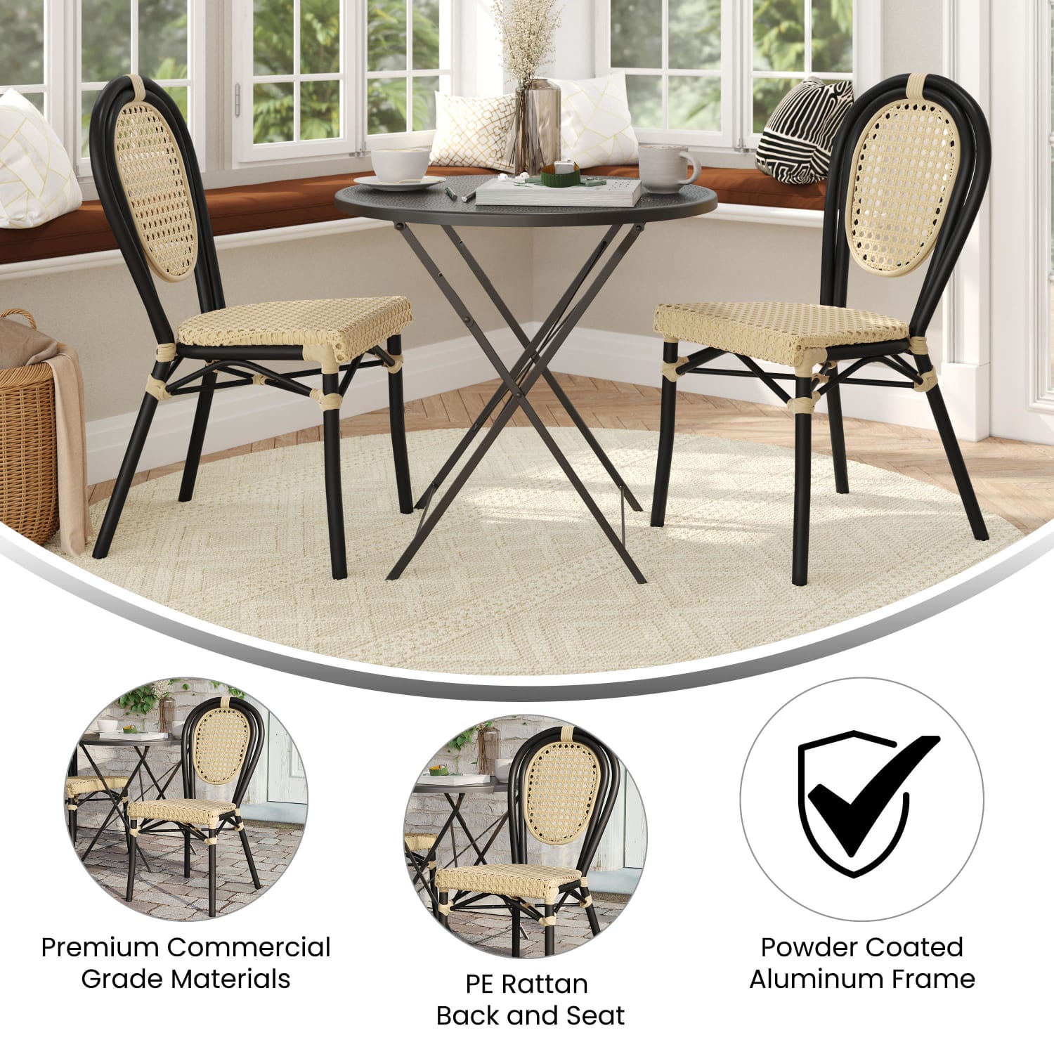Flash Furniture 2 Pack Cannes Indoor/Outdoor Commercial Thonet Bistro Stacking Chair, PE Cane Rattan and Aluminum Frame, Natural/Black Frame - Image 5